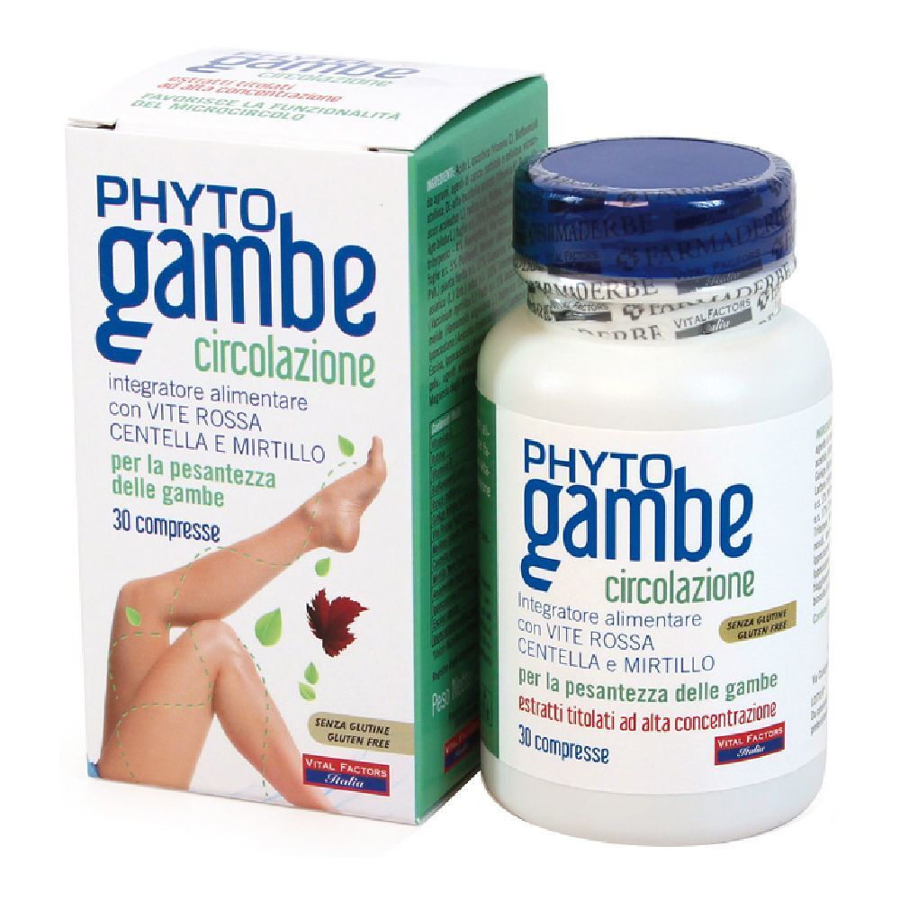 Flacone bianco e scatola con "PHYTO gambe circolazione". La scatola mostra una gamba. 30 compresse.
