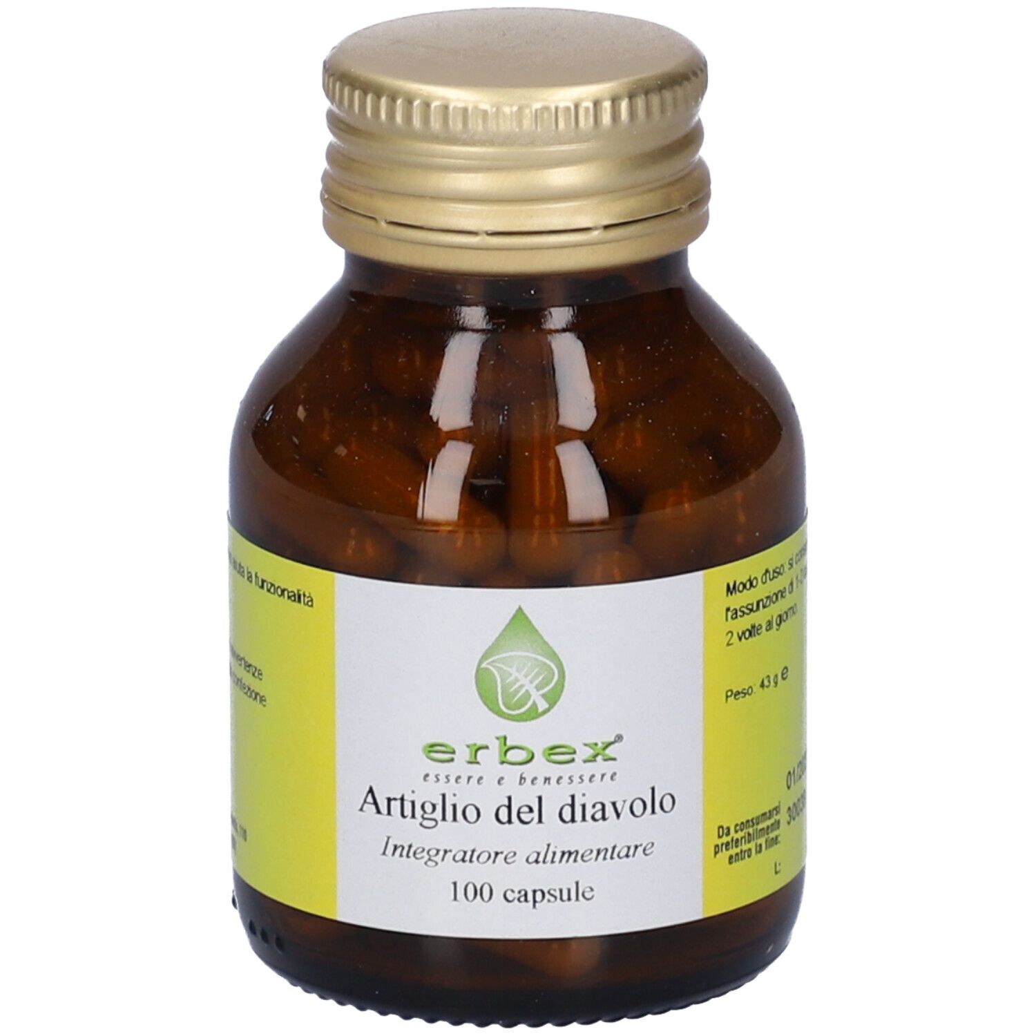 Flacone di vetro marrone con tappo dorato, pieno di capsule marroni. Etichetta bianca con informazioni sul prodotto e logo verde.