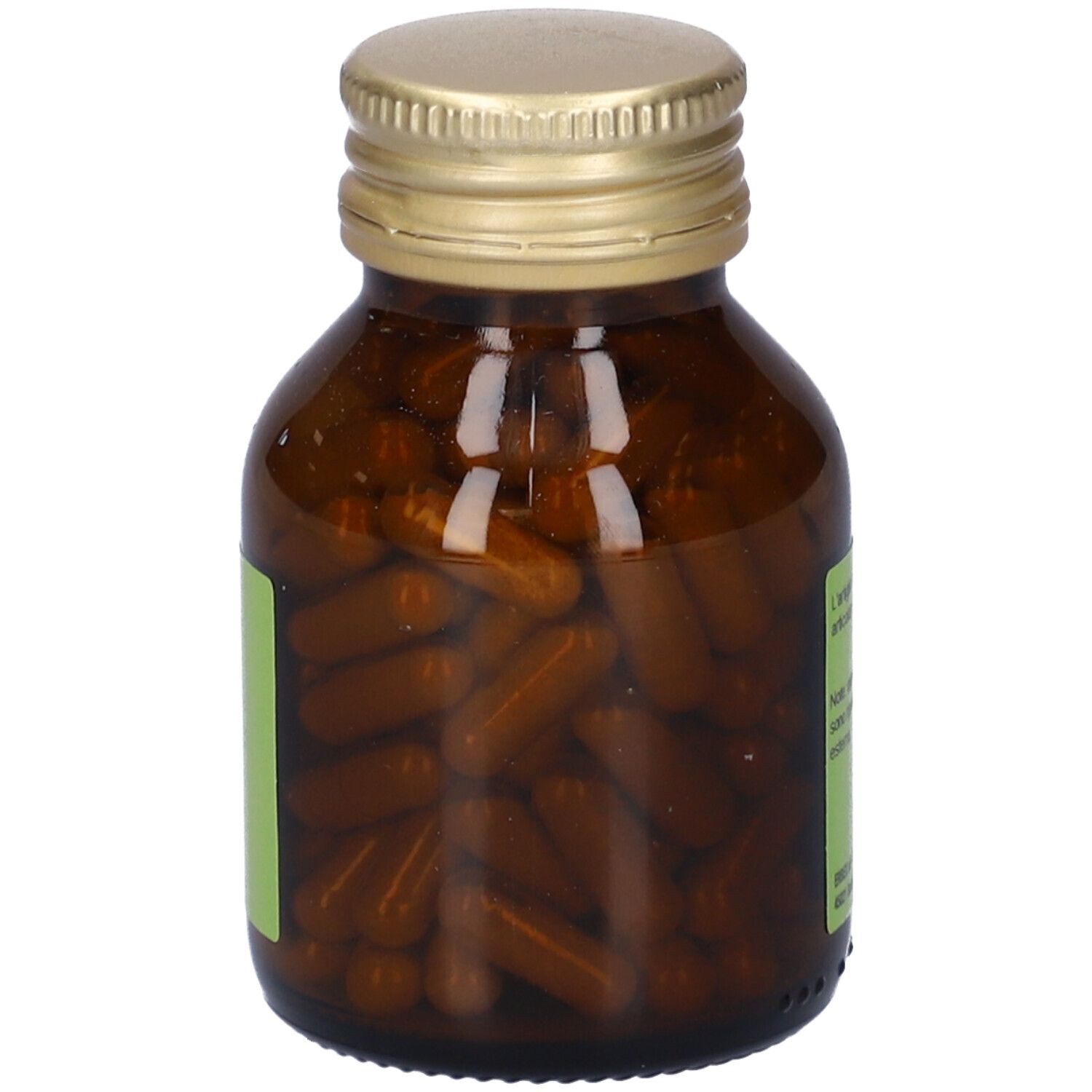 Flacone di vetro marrone con tappo dorato, pieno di capsule marroni. Etichetta bianca con informazioni sul prodotto e logo verde.