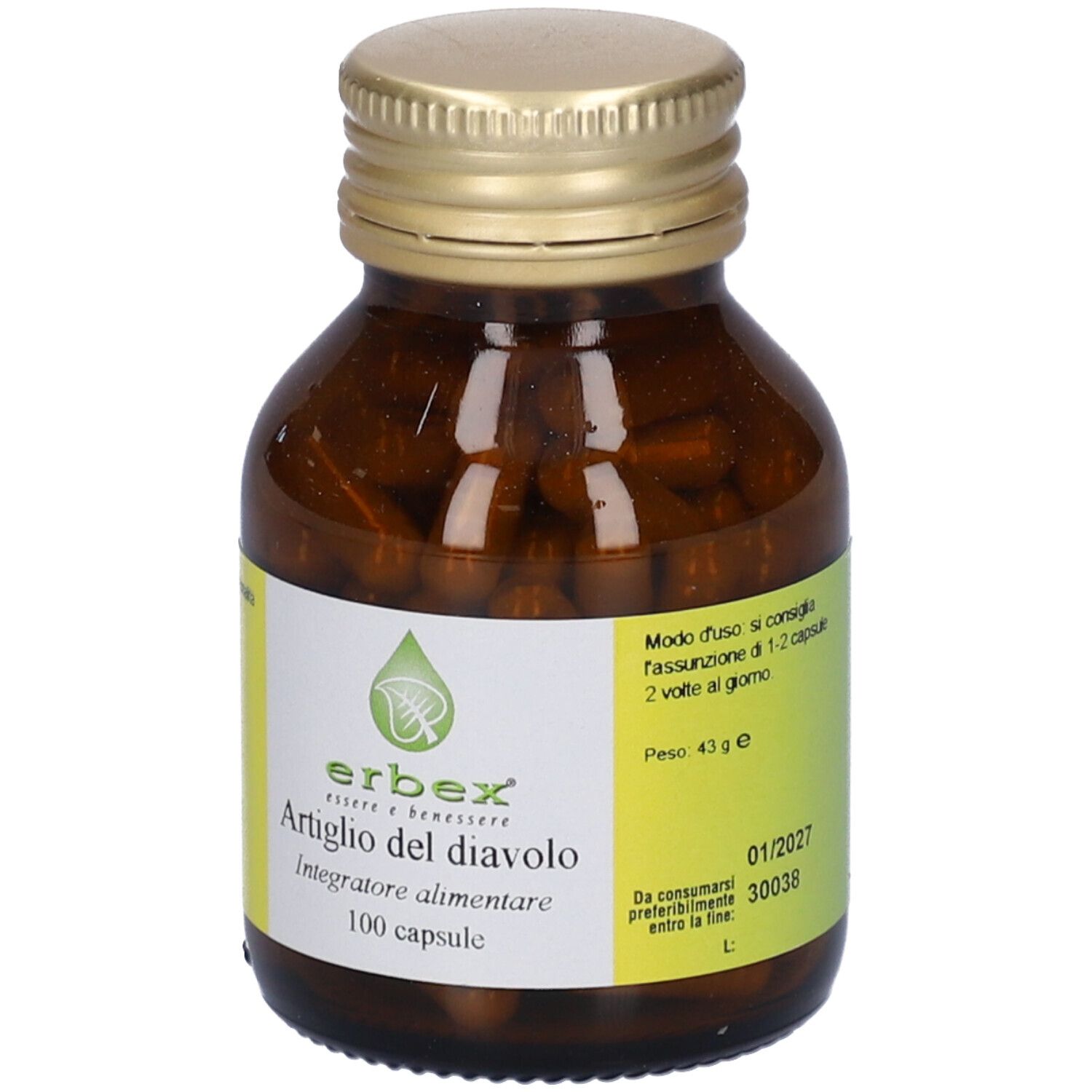 Flacone di vetro marrone con tappo dorato, pieno di capsule marroni. Etichetta bianca con informazioni sul prodotto e logo verde.
