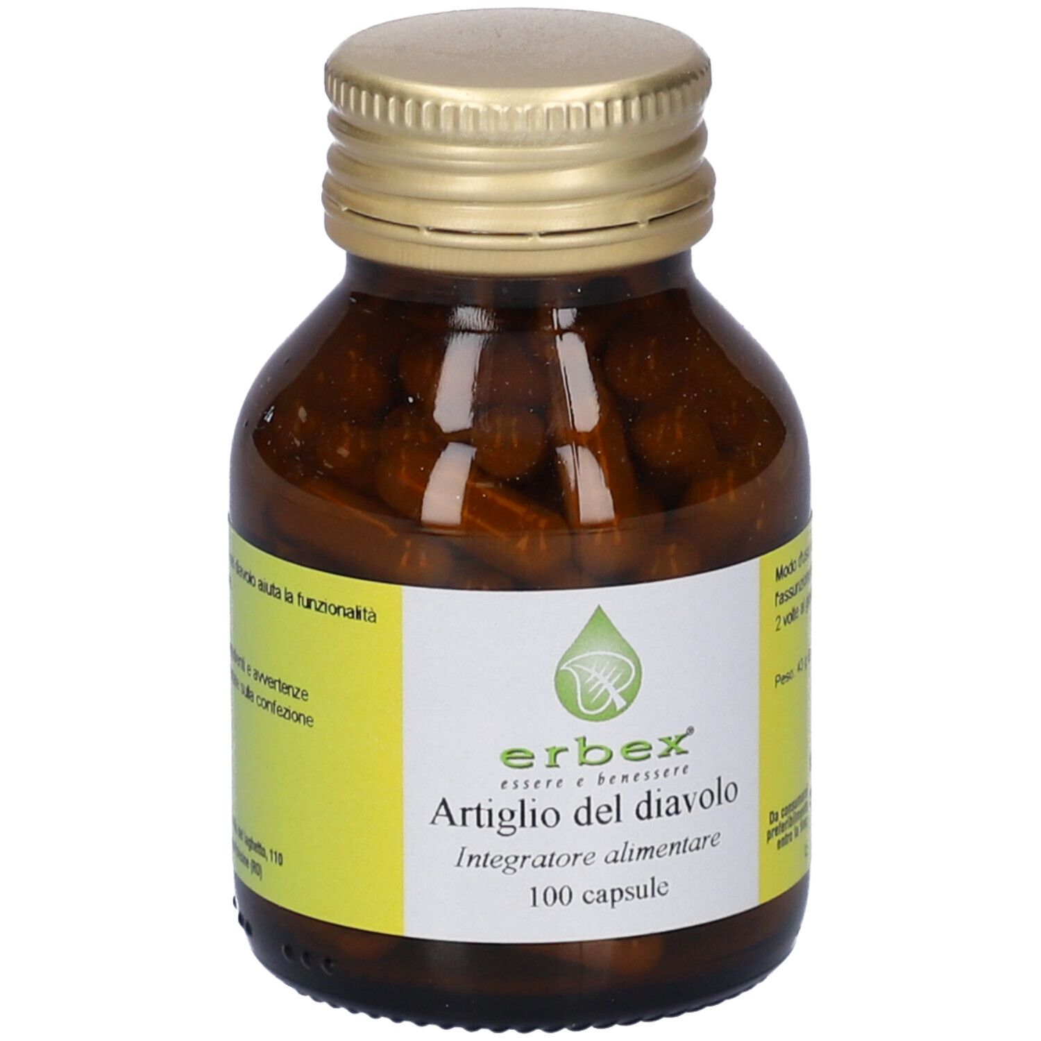Flacone di vetro marrone con tappo dorato, pieno di capsule marroni. Etichetta bianca con informazioni sul prodotto e logo verde.