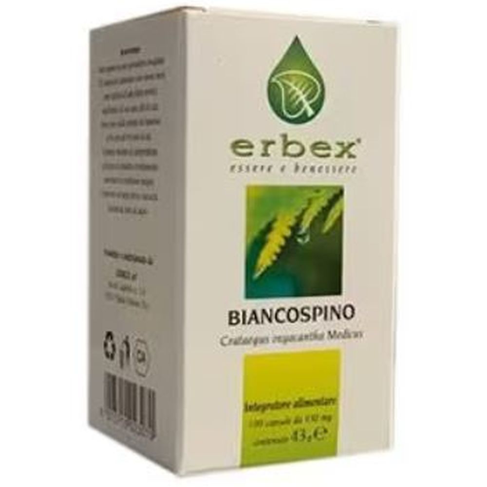 Scatola bianca con stampa del prodotto. Scritta: Erbex, Biancospino, 100 capsule. Etichetta verde-gialla.