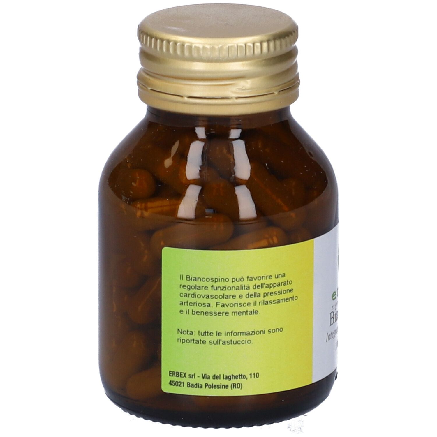 Flacone di vetro marrone con tappo dorato. Etichetta gialla con testo. Contiene capsule. Vista posteriore.