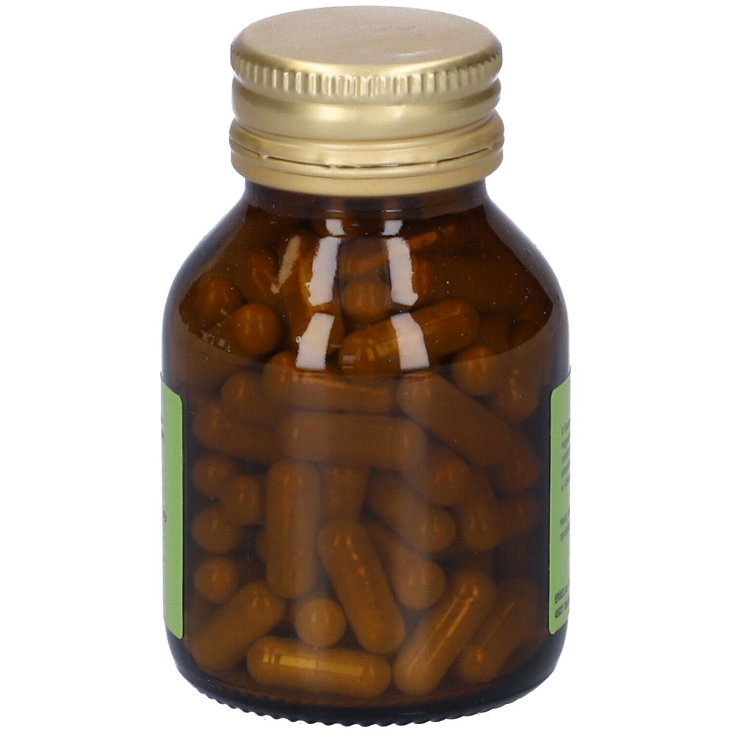 Flacone di vetro marrone con tappo dorato. Contiene capsule. Vista laterale.