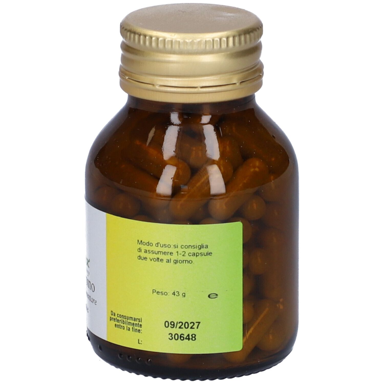 Flacone di vetro marrone con tappo dorato. Etichetta gialla con testo e data di scadenza. Contiene capsule.