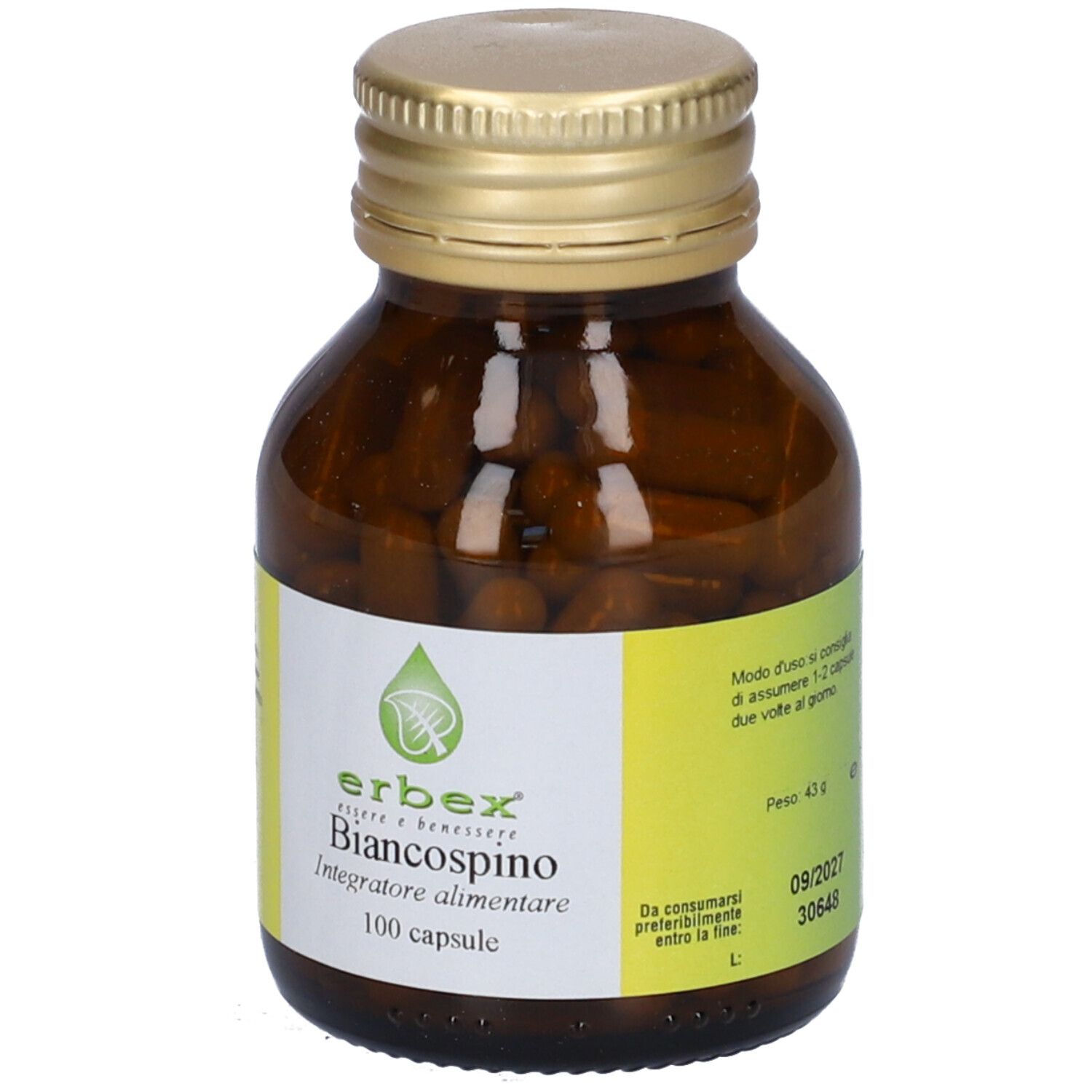 Flacone di vetro marrone con tappo dorato. Scritta: Erbex, Biancospino, 100 capsule. Etichetta gialla.