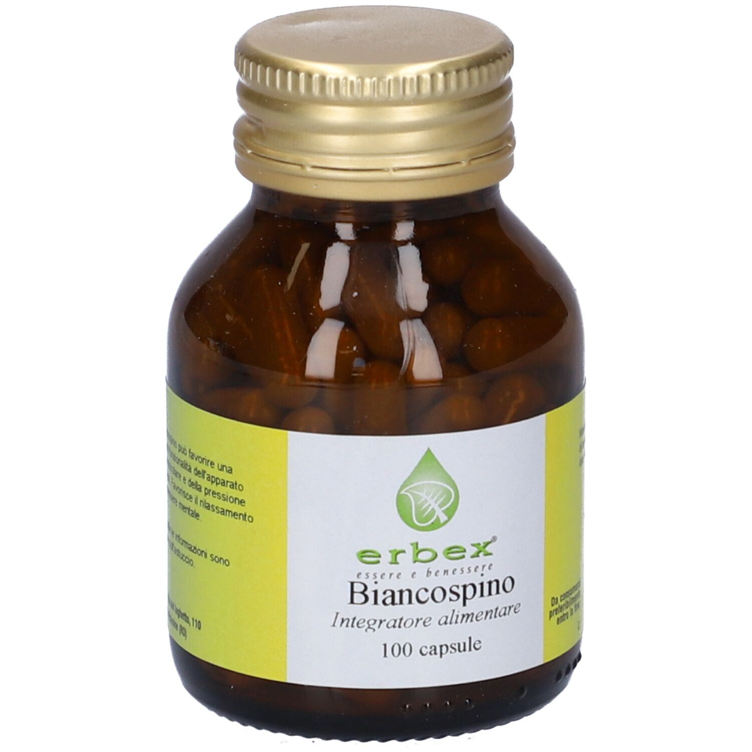Flacone di vetro marrone con tappo dorato. Scritta: Erbex, Biancospino, 100 capsule. Etichetta gialla.