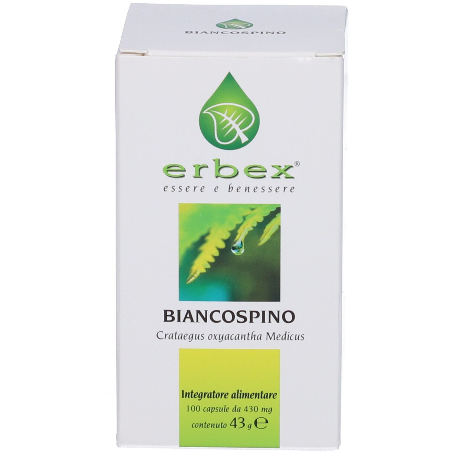 Scatola bianca con stampa del prodotto. Scritta: Erbex, Biancospino, 100 capsule. Etichetta verde-gialla.