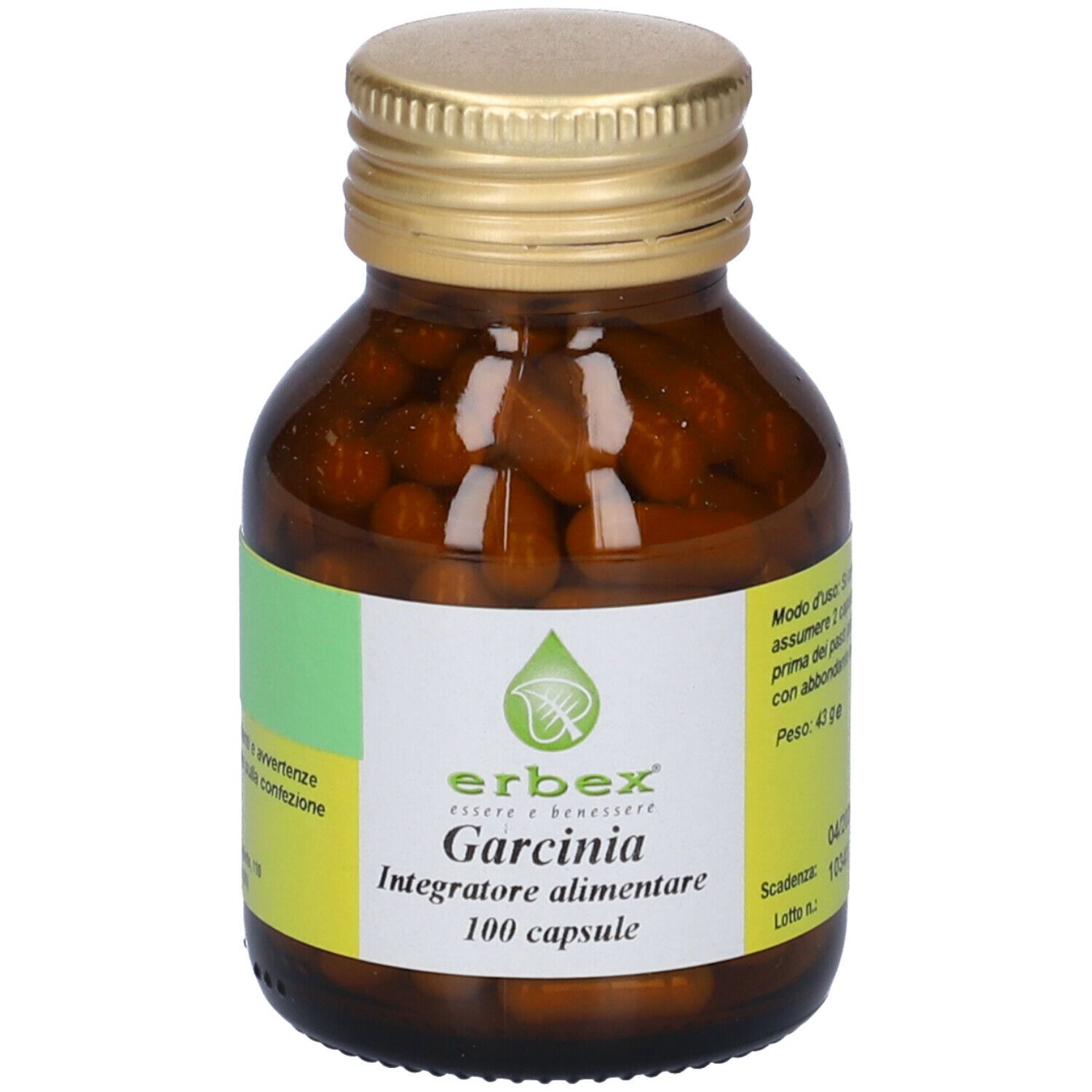 Flacone di vetro marrone con tappo dorato, pieno di capsule. Etichetta con logo e testo: Garcinia, 100 capsule.