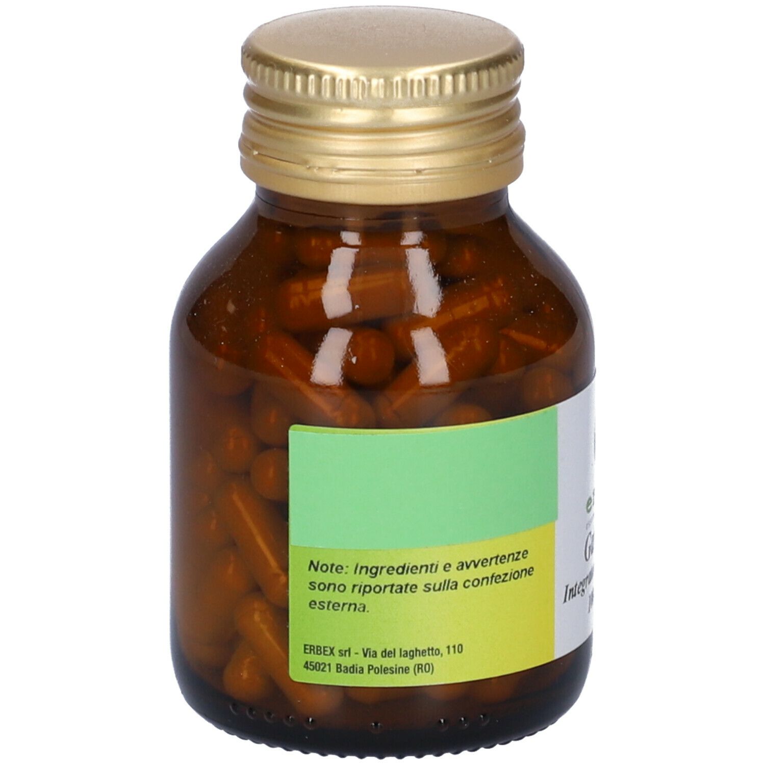 Flacone di vetro marrone con tappo dorato, pieno di capsule. Etichetta con testo. Vista posteriore.