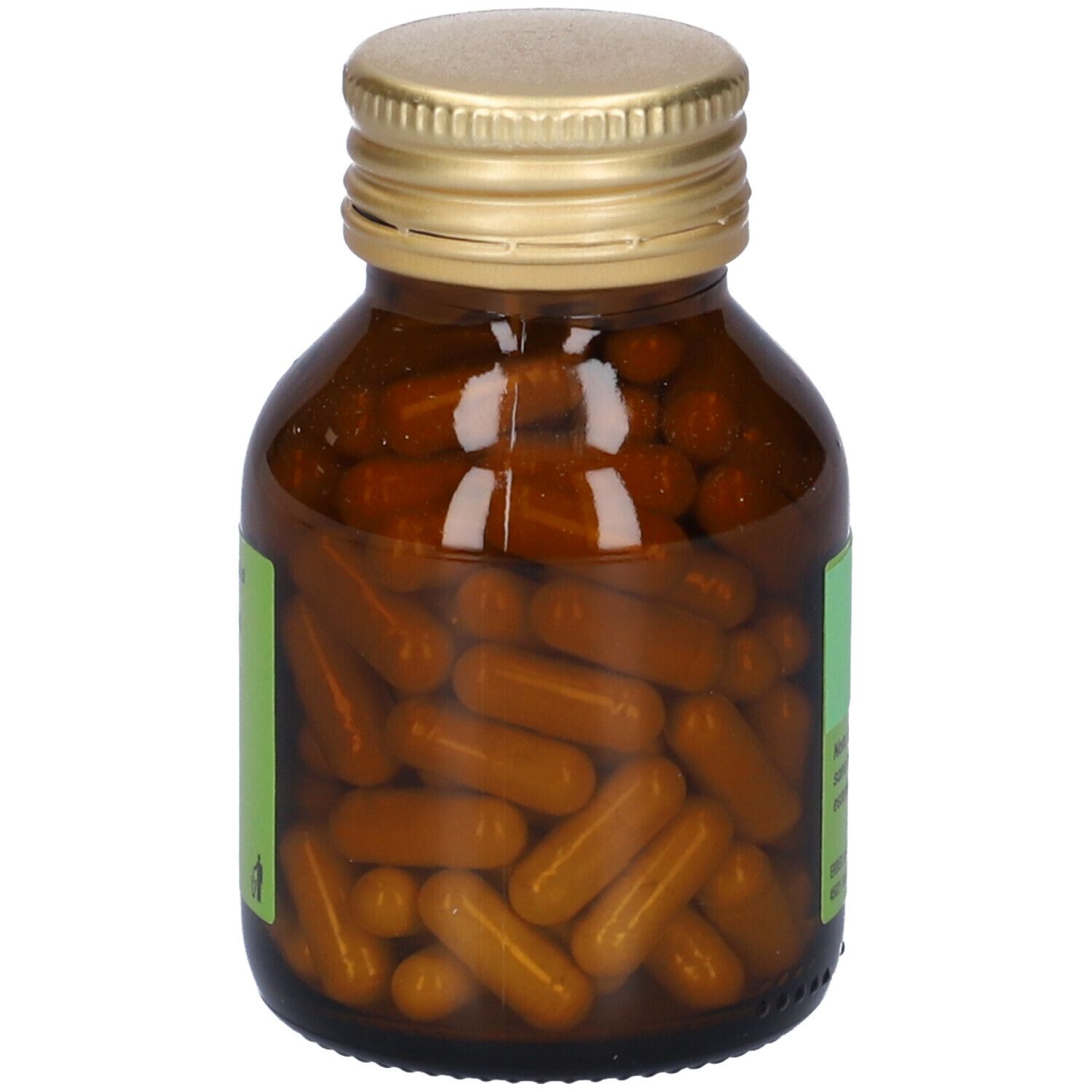 Flacone di vetro marrone con tappo dorato, pieno di capsule. Primo piano delle capsule.
