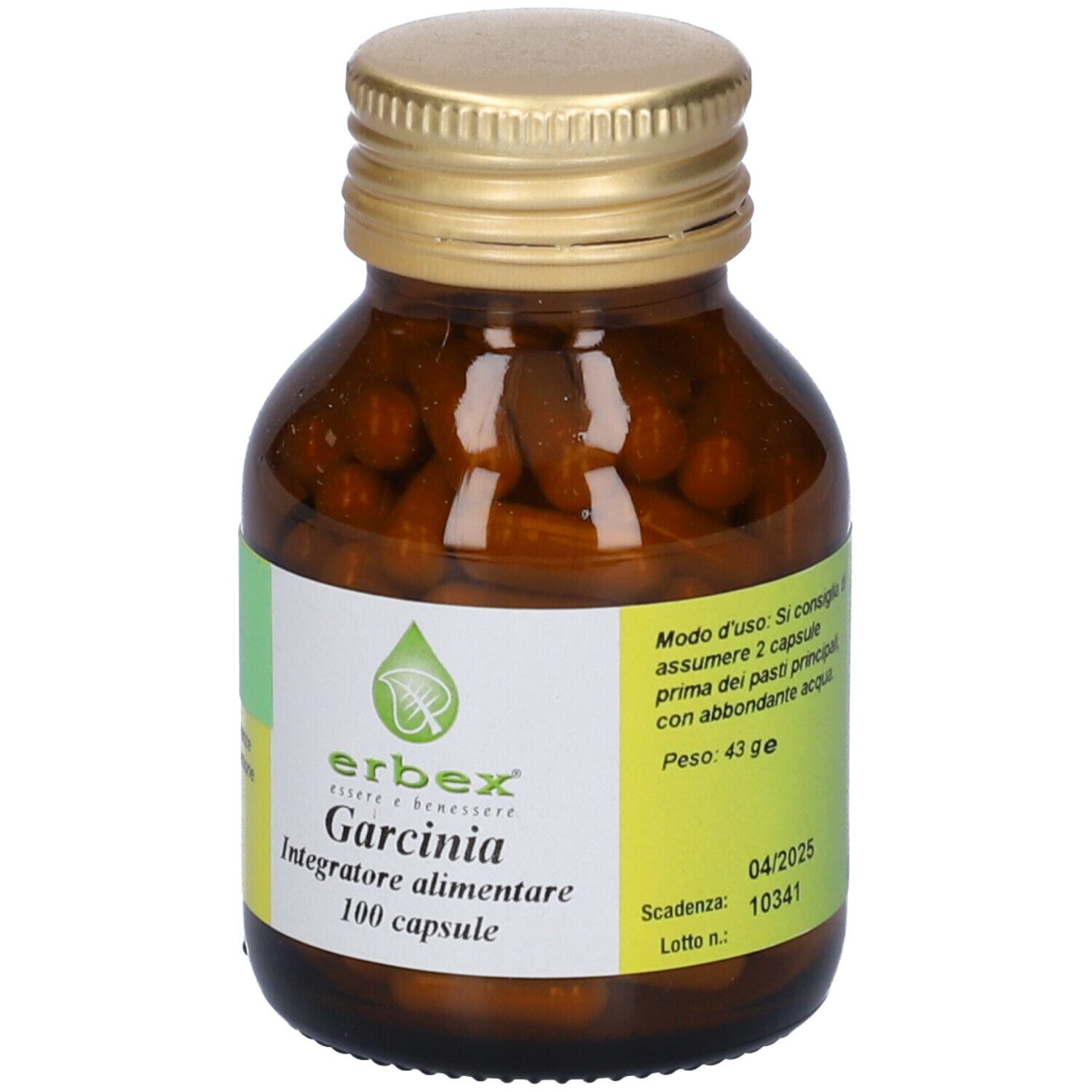 Flacone di vetro marrone con tappo dorato, pieno di capsule. Etichetta con logo e testo: Garcinia, 100 capsule.