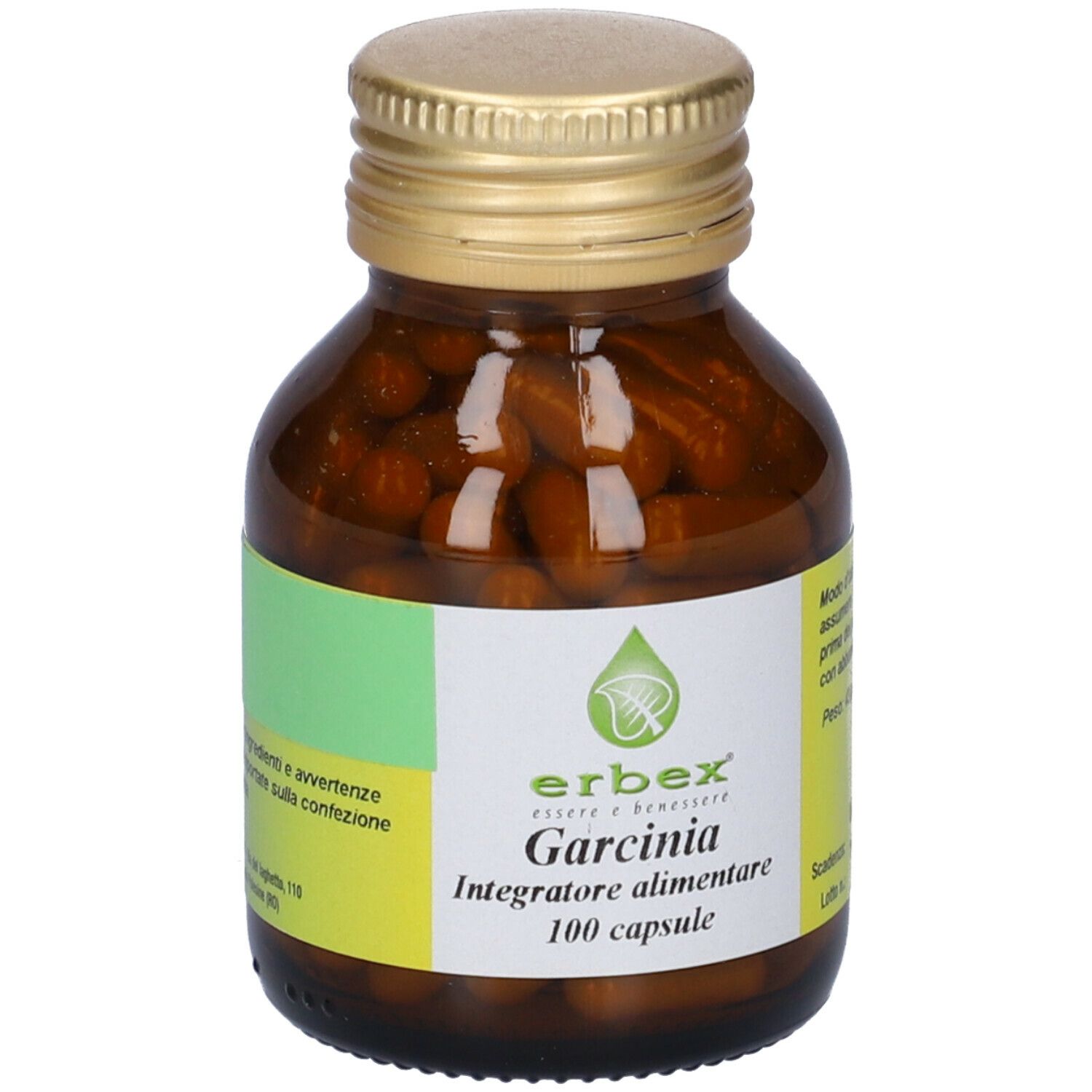 Flacone di vetro marrone con tappo dorato, pieno di capsule. Etichetta con logo e testo: Garcinia, 100 capsule.