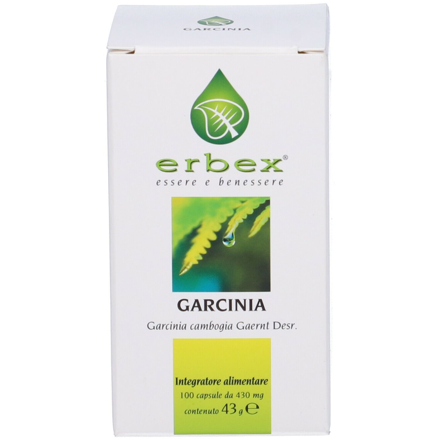 Confezione bianca del prodotto con logo e testo: Garcinia, 100 capsule. Design verde e bianco.