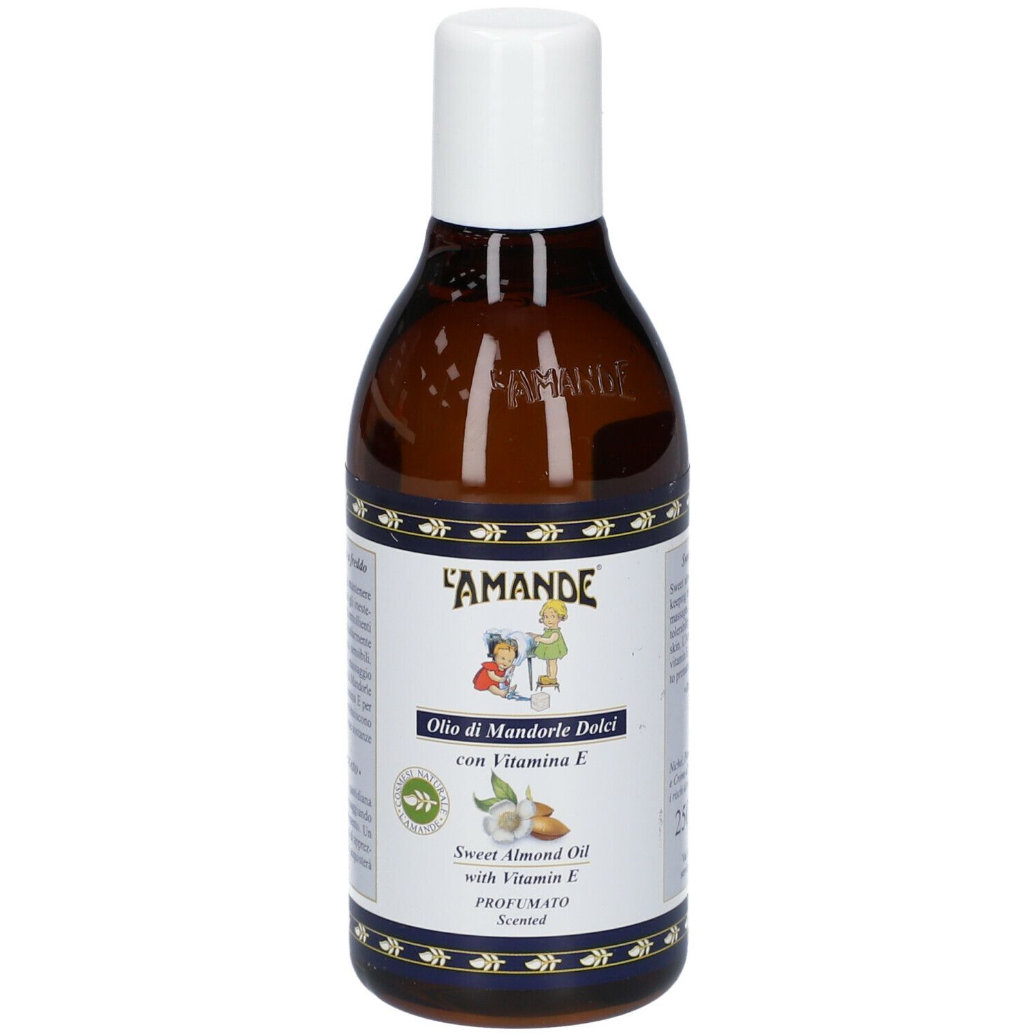 Flacone marrone L'AMANDE® Olio di Mandorle Dolci con tappo bianco. Nome e illustrazioni.