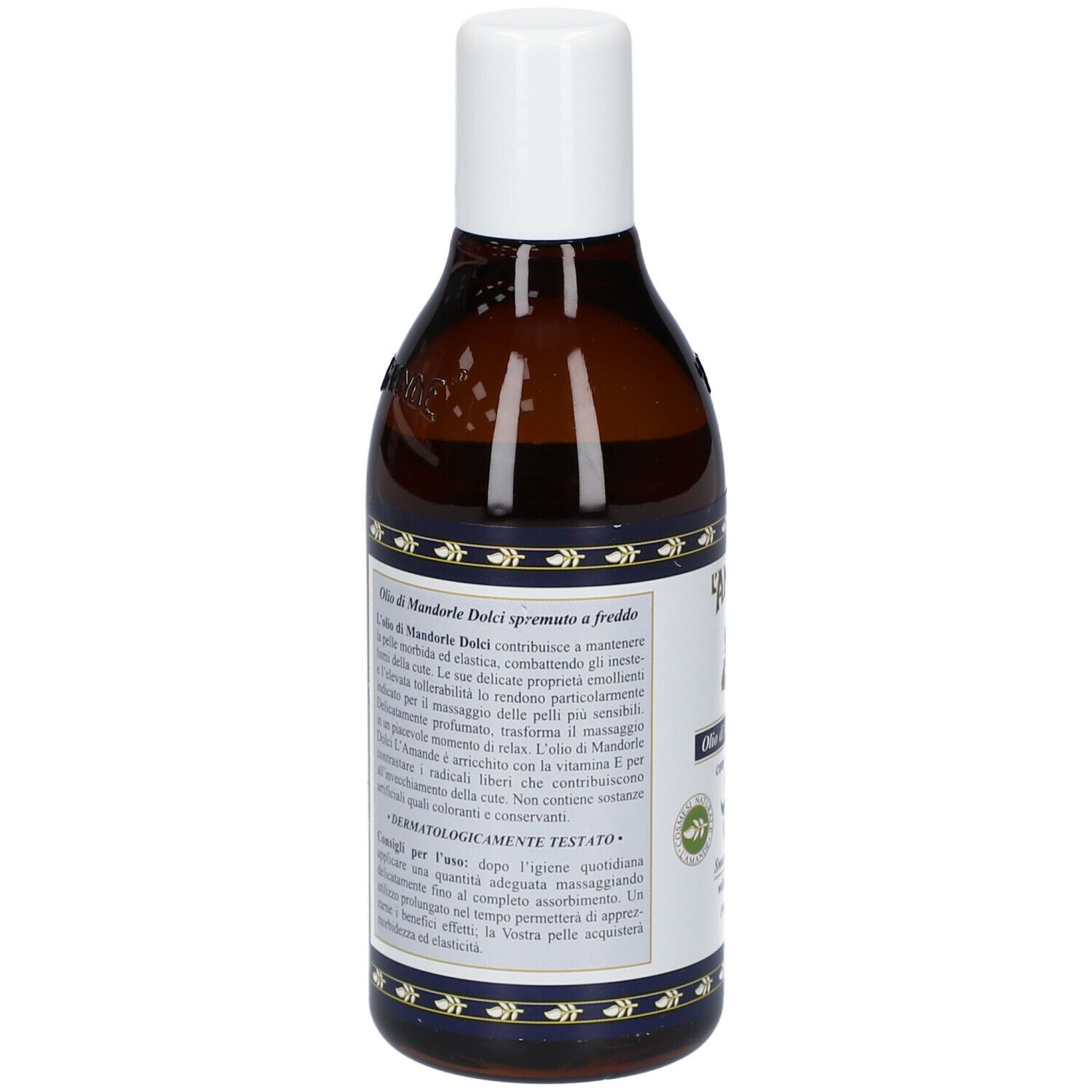 Retro flacone L'AMANDE® Olio di Mandorle Dolci. Testo in italiano.
