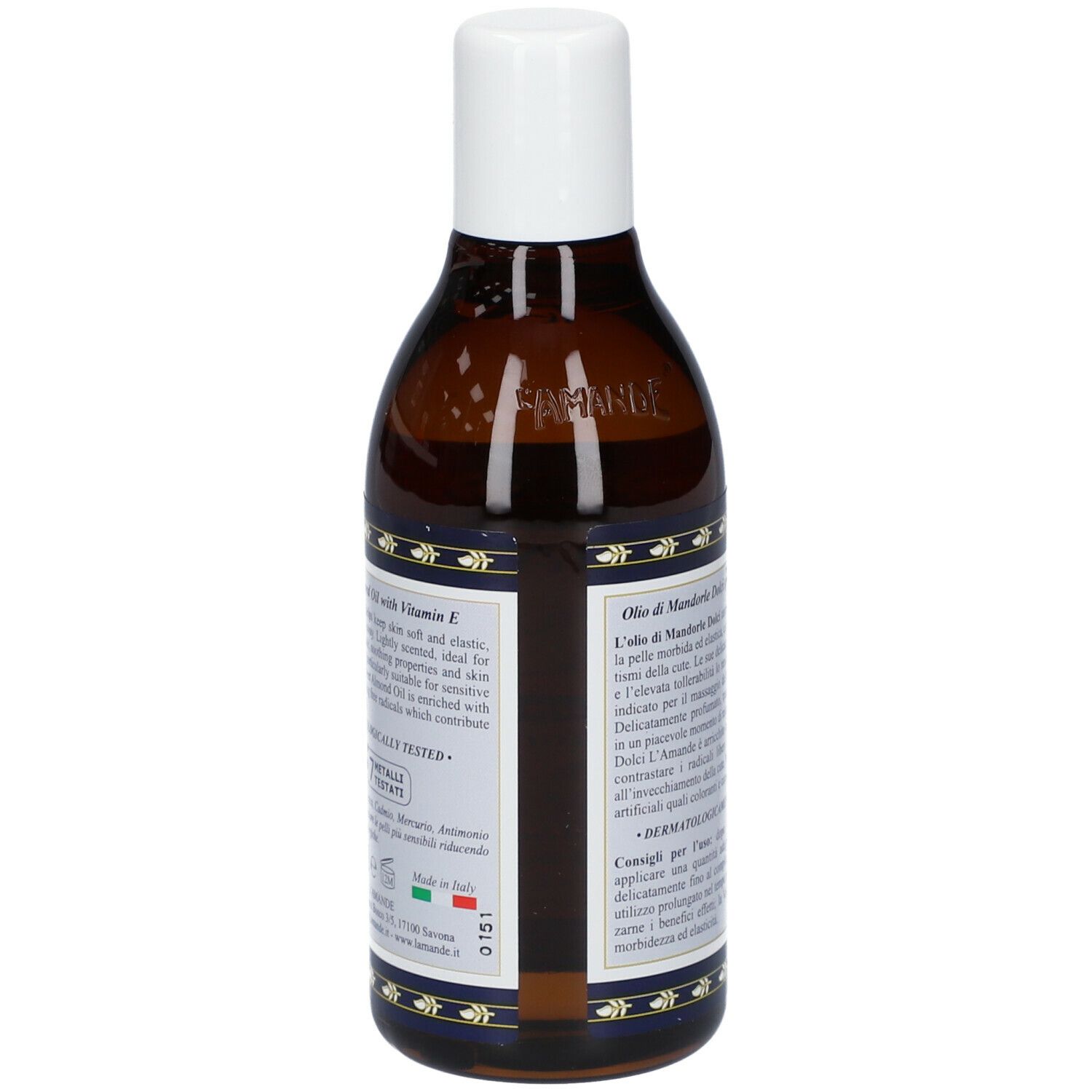 Retro flacone L'AMANDE® Olio di Mandorle Dolci. Testo in italiano.