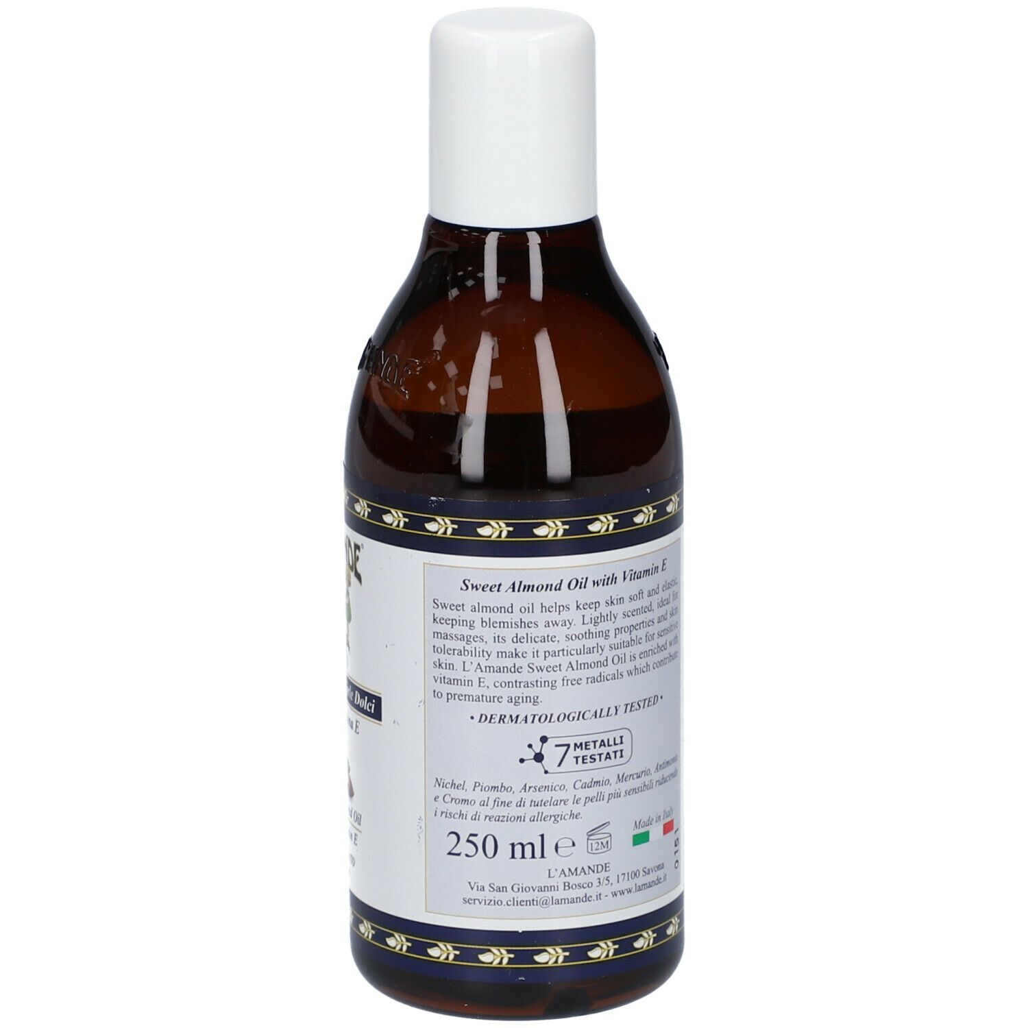 Retro flacone L'AMANDE® Olio di Mandorle Dolci. Testo in italiano, 250 ml.