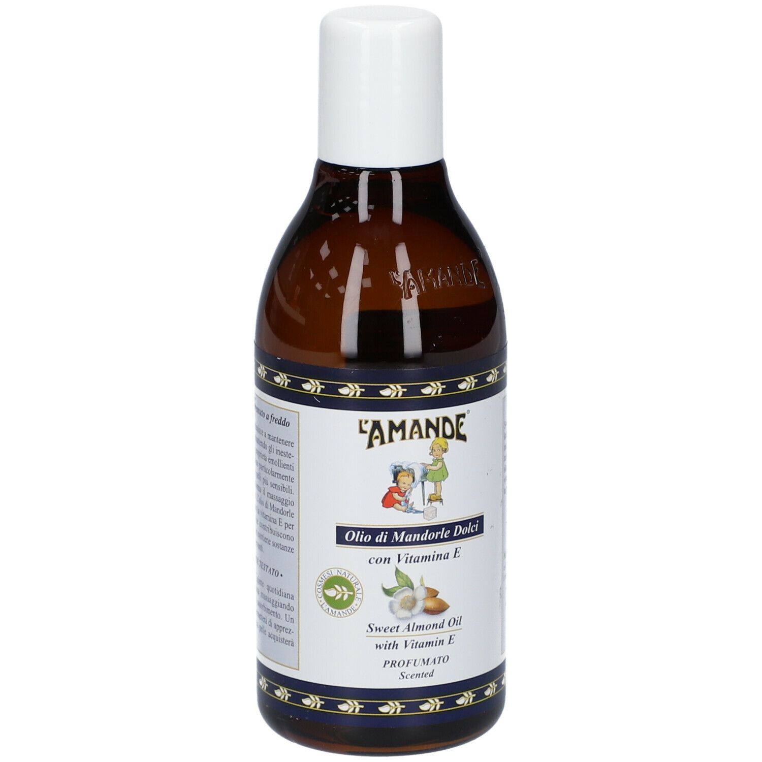 Flacone marrone L'AMANDE® Olio di Mandorle Dolci con tappo bianco. Nome e illustrazioni.