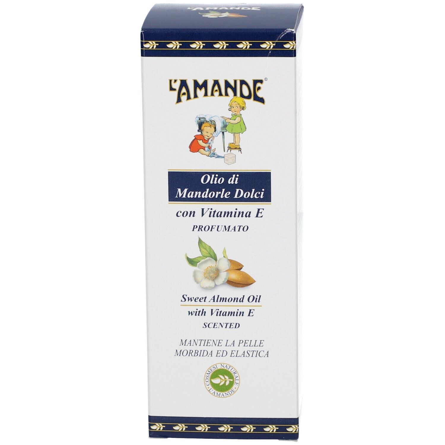 Scatola L'AMANDE® Olio di Mandorle Dolci. Bianca con bordi blu. Nome prodotto e illustrazioni.