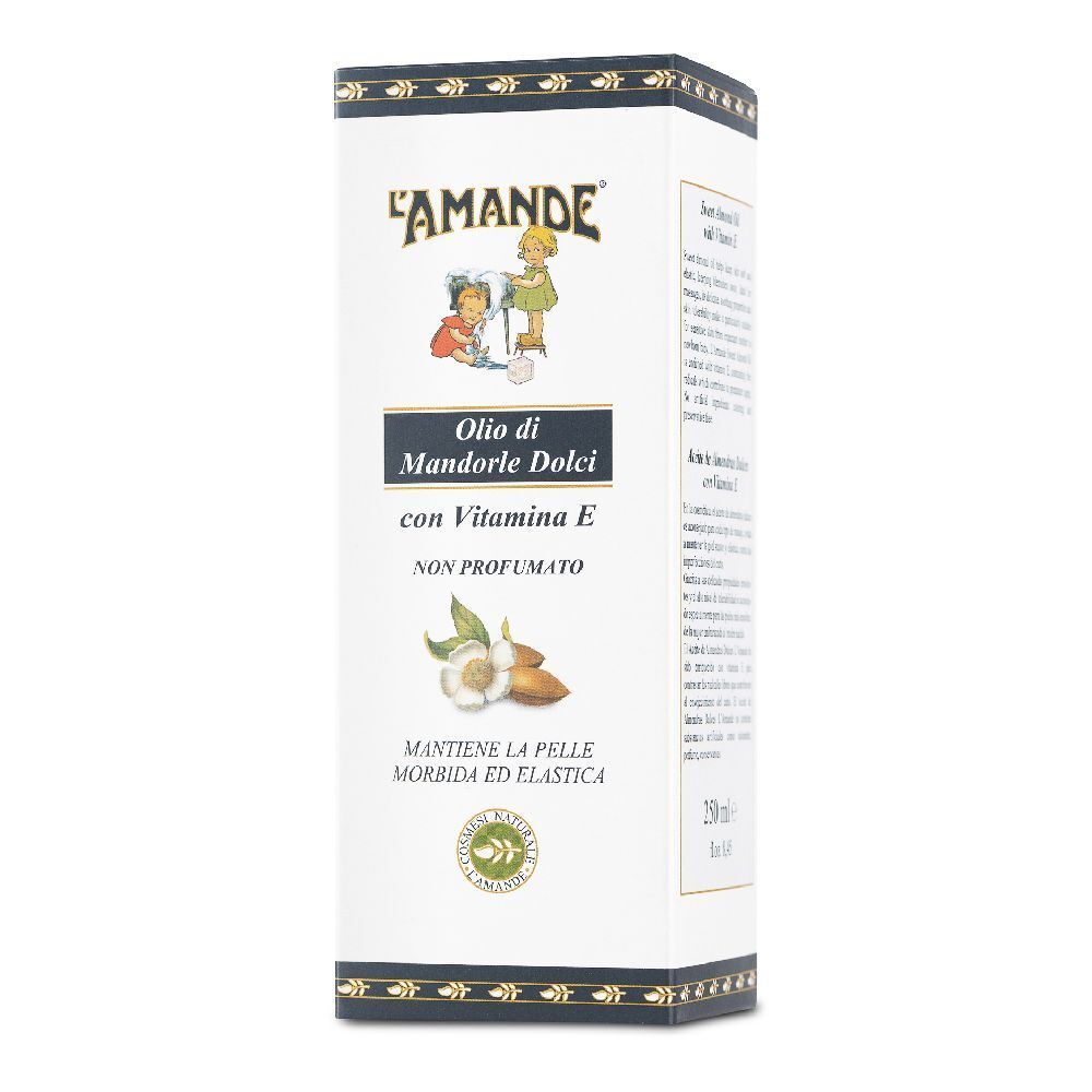 Scatola di L'AMANDE® Olio di Mandorle Dolci Non Profumato. Con illustrazioni e informazioni sul prodotto.