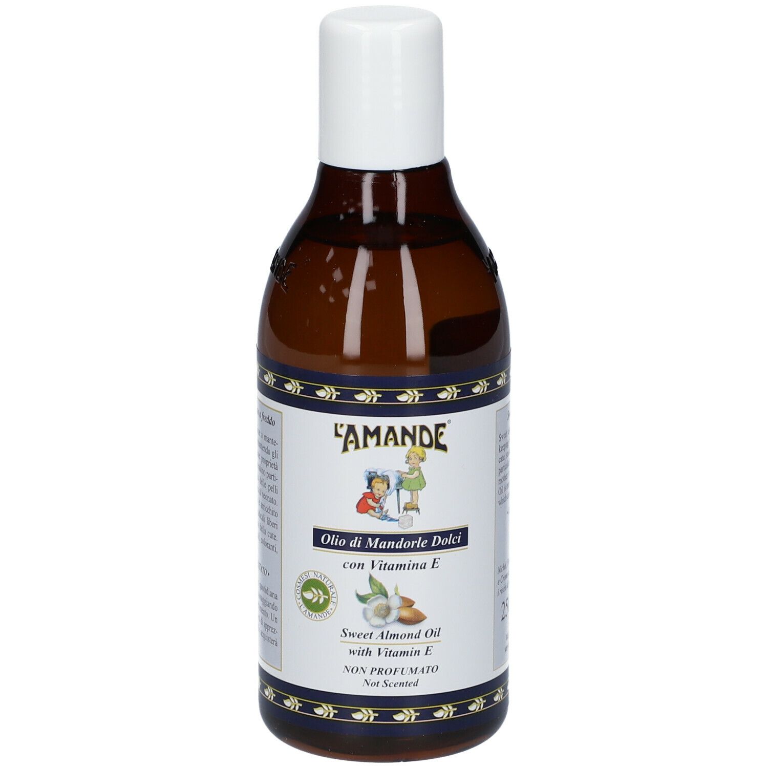 Flacone di L'AMANDE® Olio di Mandorle Dolci Non Profumato. Bottiglia di vetro marrone, tappo bianco.