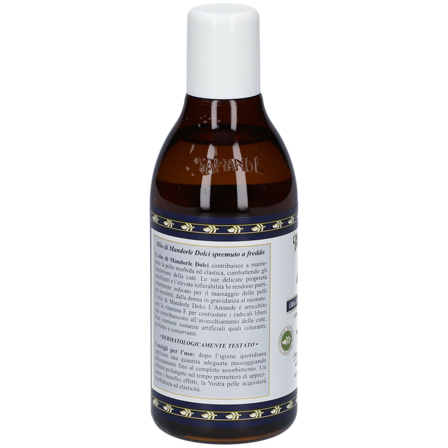 Retro del flacone L'AMANDE® Olio di Mandorle Dolci Non Profumato. Informazioni testuali e logo.