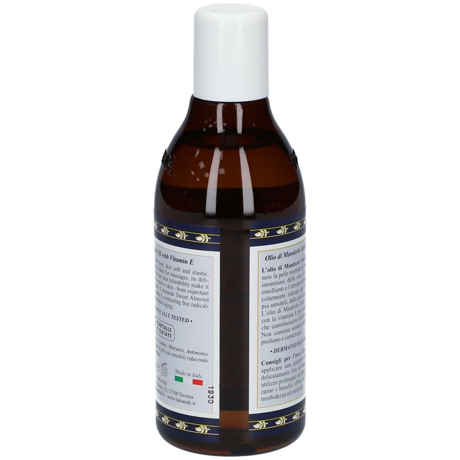 Retro del flacone L'AMANDE® Olio di Mandorle Dolci Non Profumato. Informazioni testuali e logo.