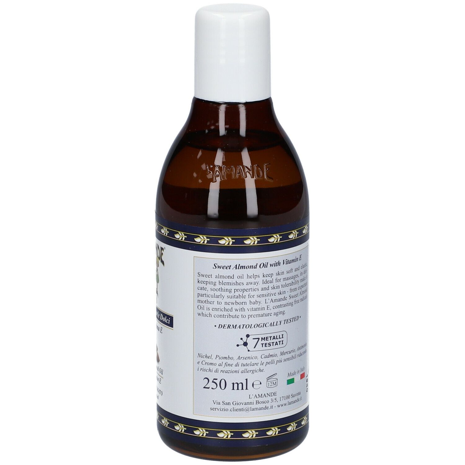 Retro del flacone L'AMANDE® Olio di Mandorle Dolci Non Profumato. Informazioni testuali e logo.