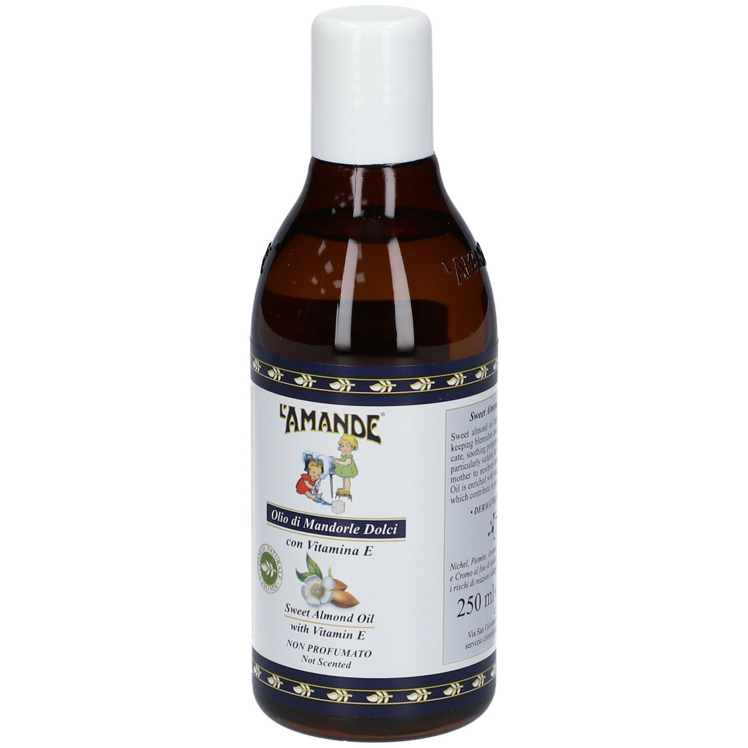 Flacone di L'AMANDE® Olio di Mandorle Dolci Non Profumato. Bottiglia di vetro marrone, tappo bianco.