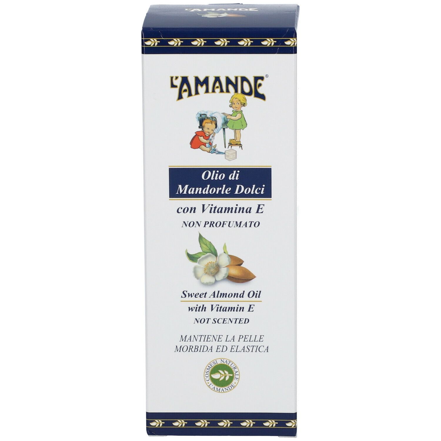 Scatola di L'AMANDE® Olio di Mandorle Dolci Non Profumato. Con informazioni e illustrazioni.