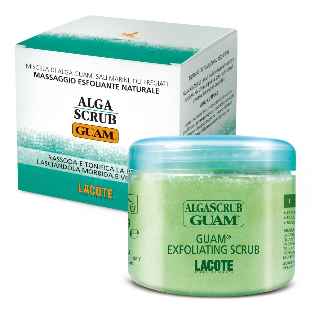 Grünes Algen-Peeling von GUAM in einem transparenten Behälter mit blauem Deckel und Kartonverpackung.