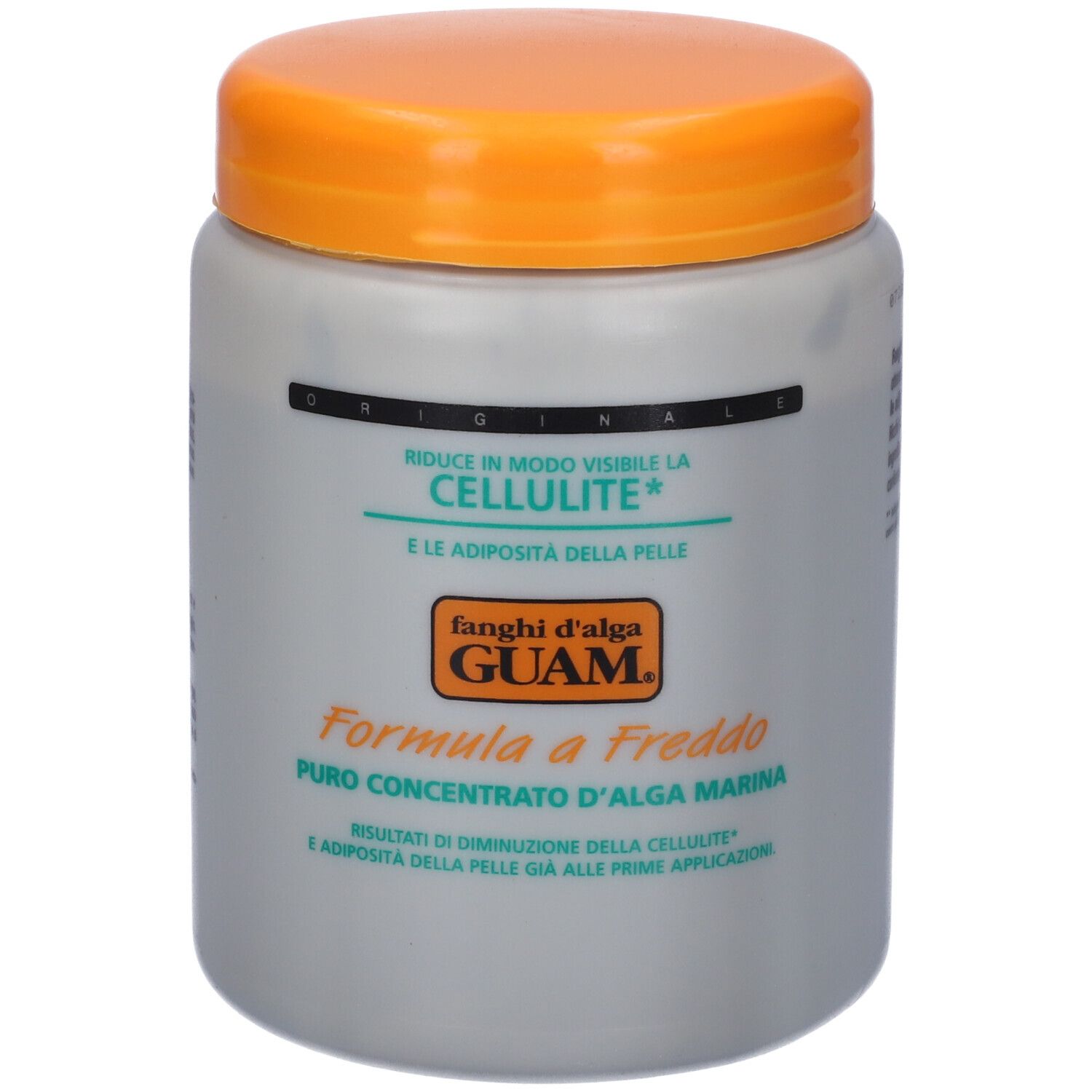 Barattolo grigio con coperchio arancione. Scritta: GUAM® Kalt-Algenschlamm.