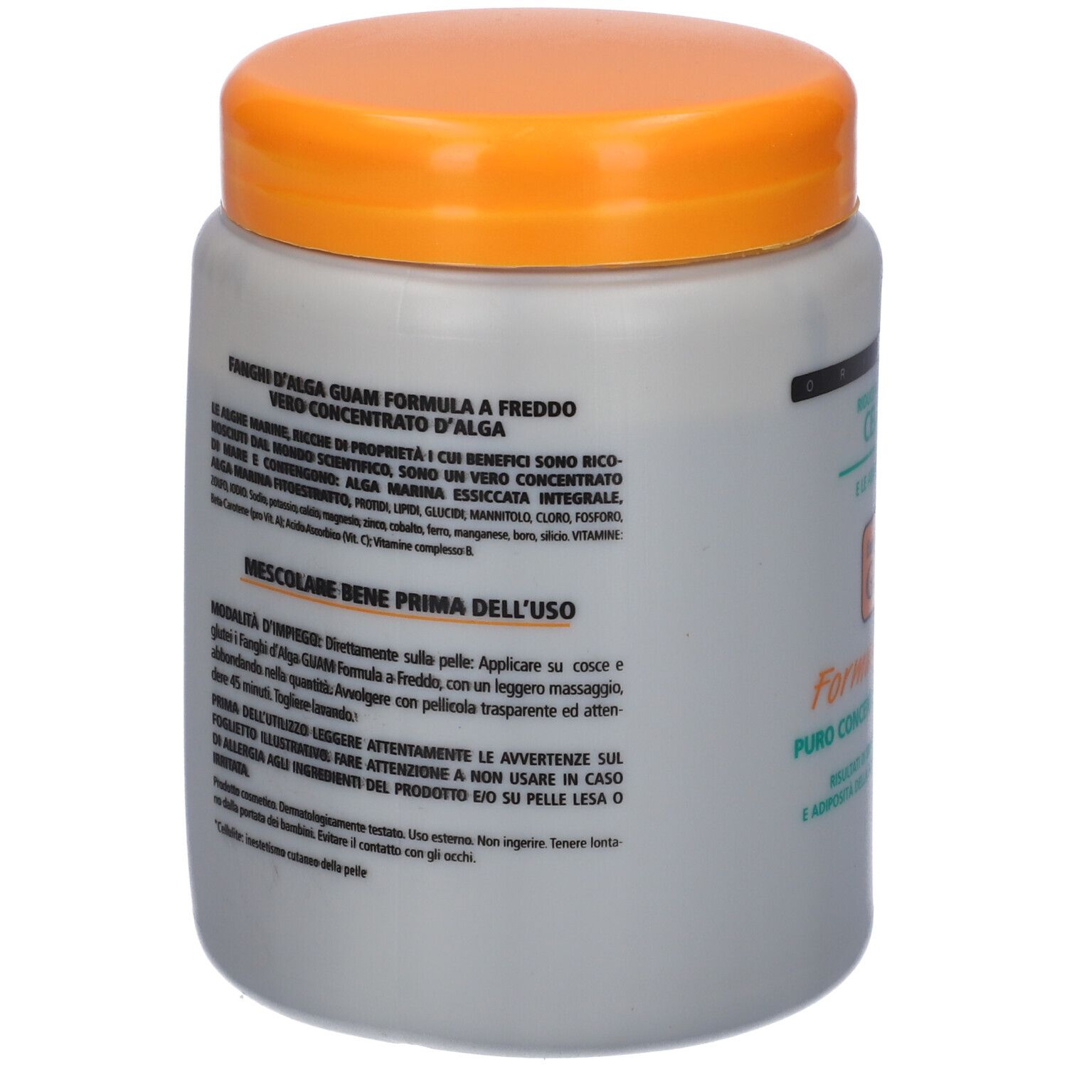 Barattolo grigio con coperchio arancione. Scritta: GUAM® Kalt-Algenschlamm.