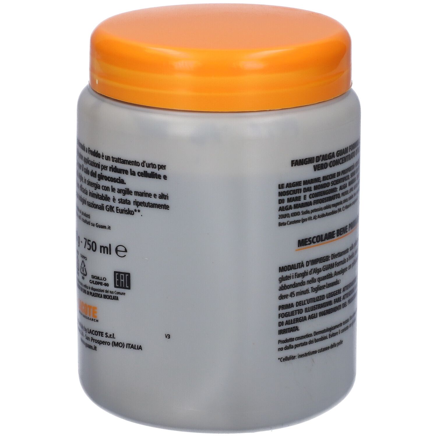 Barattolo grigio con coperchio arancione. Scritta: GUAM® Kalt-Algenschlamm.