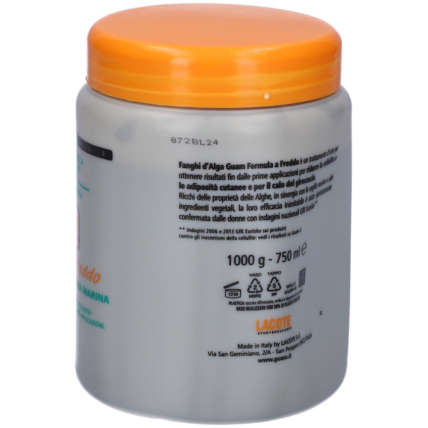 Barattolo grigio con coperchio arancione. Scritta: GUAM® Kalt-Algenschlamm.