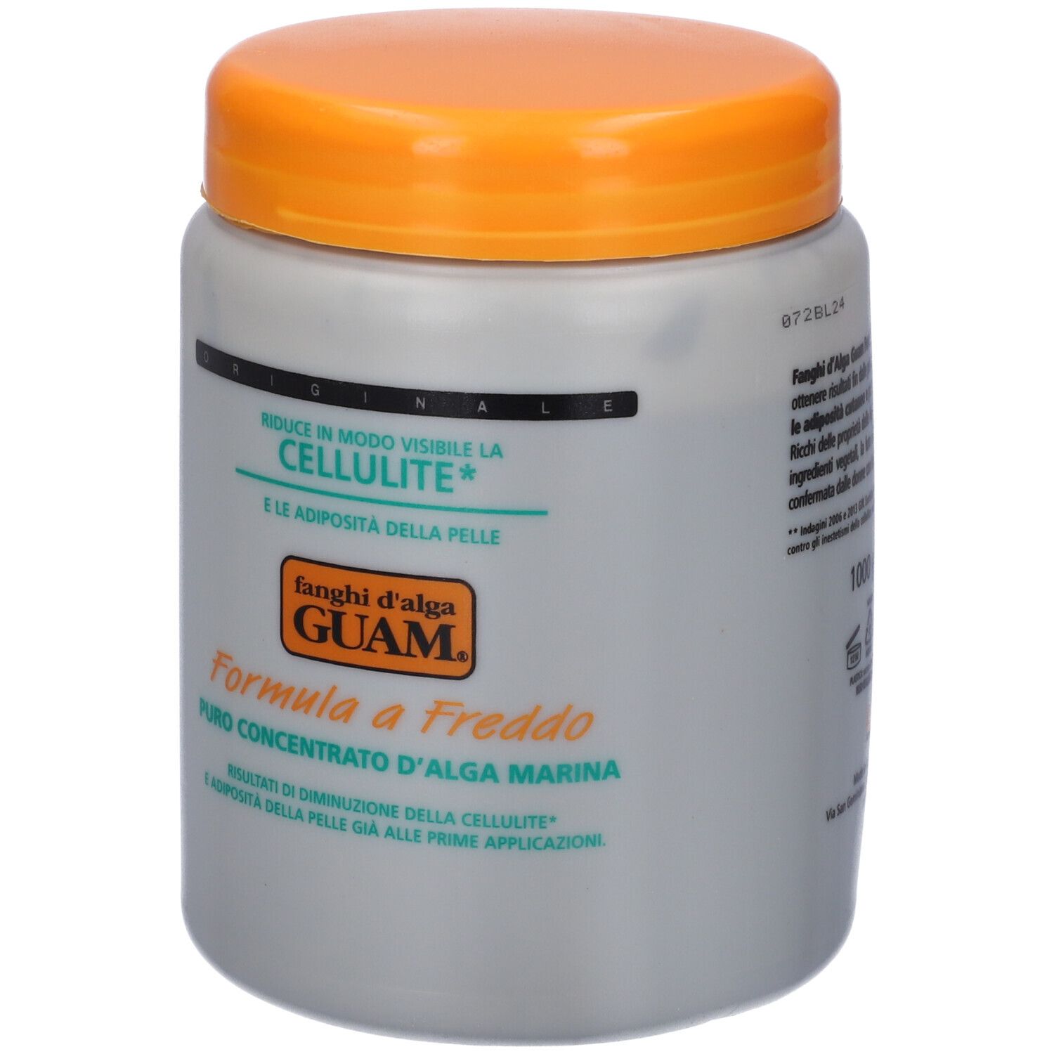 Barattolo grigio con coperchio arancione. Scritta: GUAM® Kalt-Algenschlamm.