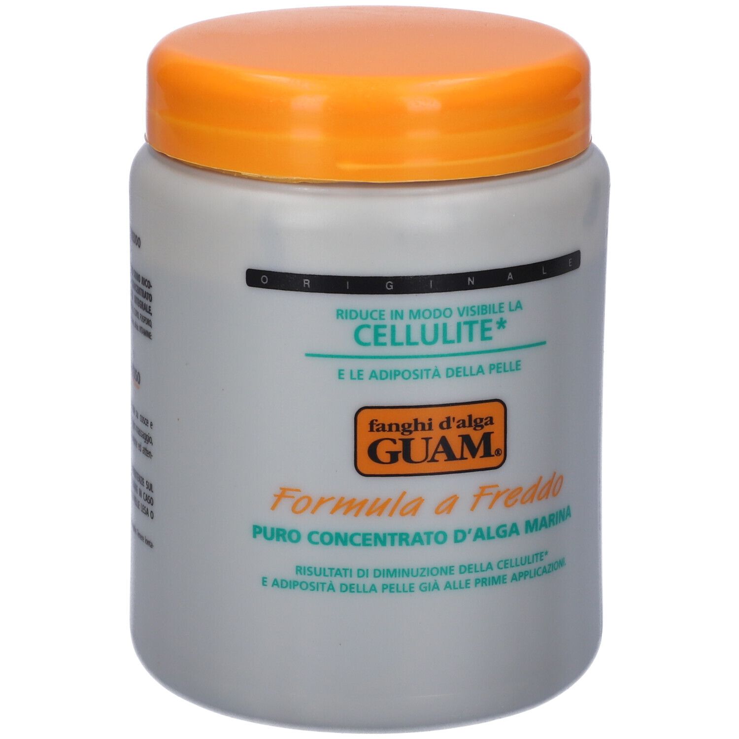 Barattolo grigio con coperchio arancione. Scritta: GUAM® Kalt-Algenschlamm.