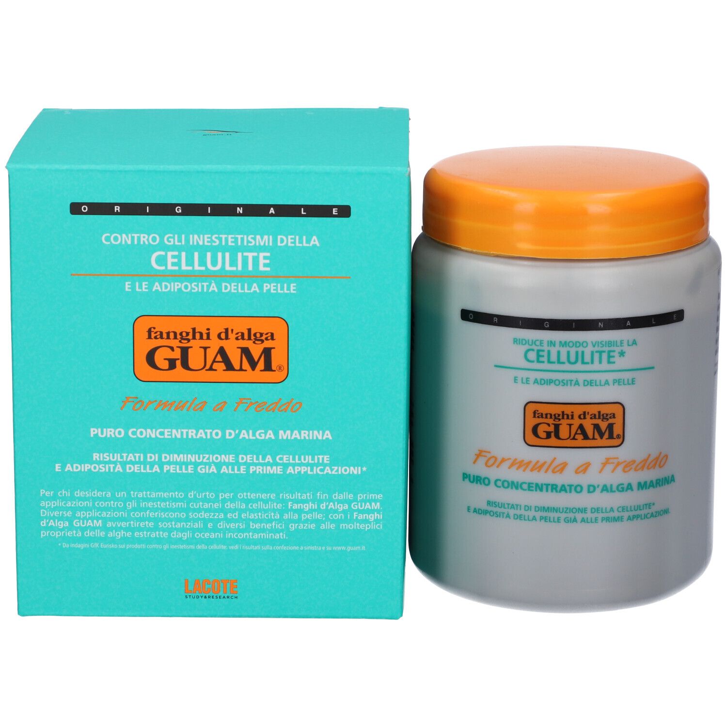Barattolo con coperchio arancione e confezione verde. Scritta: GUAM® Kalt-Algenschlamm.