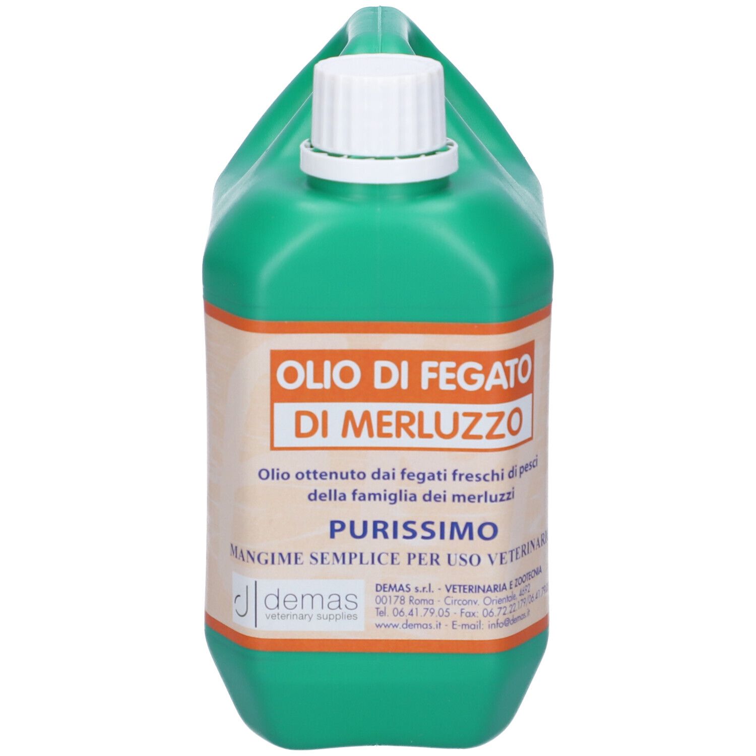 Tanica verde con tappo bianco. Scritta: Olio di Fegato di Merluzzo. Etichetta con testo. Marchio: DEMAS.