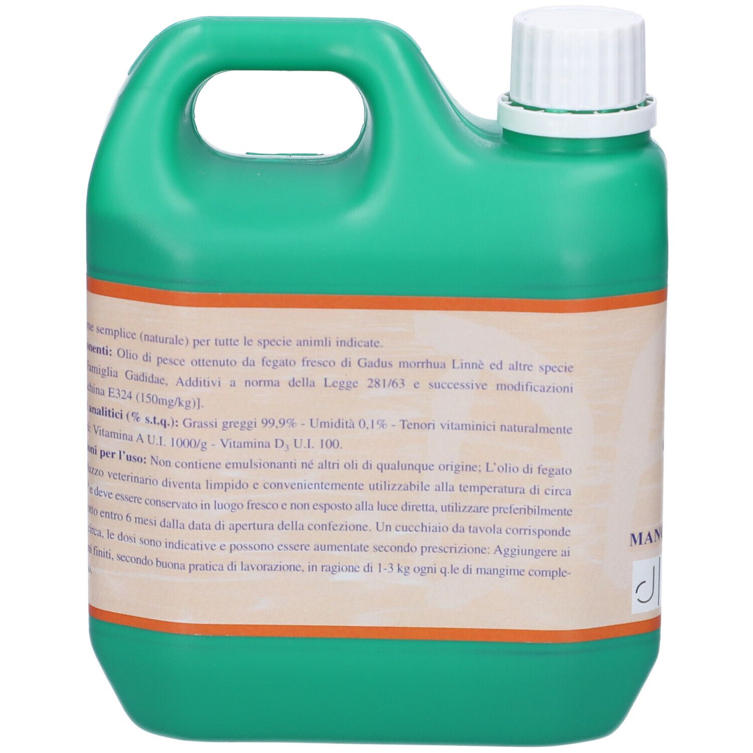 Tanica verde con tappo bianco. Etichetta con testo. Marchio: DEMAS. Vista posteriore con testo.