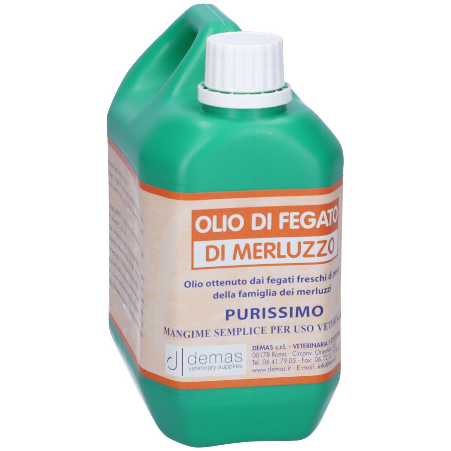 Tanica verde con tappo bianco. Scritta: Olio di Fegato di Merluzzo. Etichetta con testo. Marchio: DEMAS.