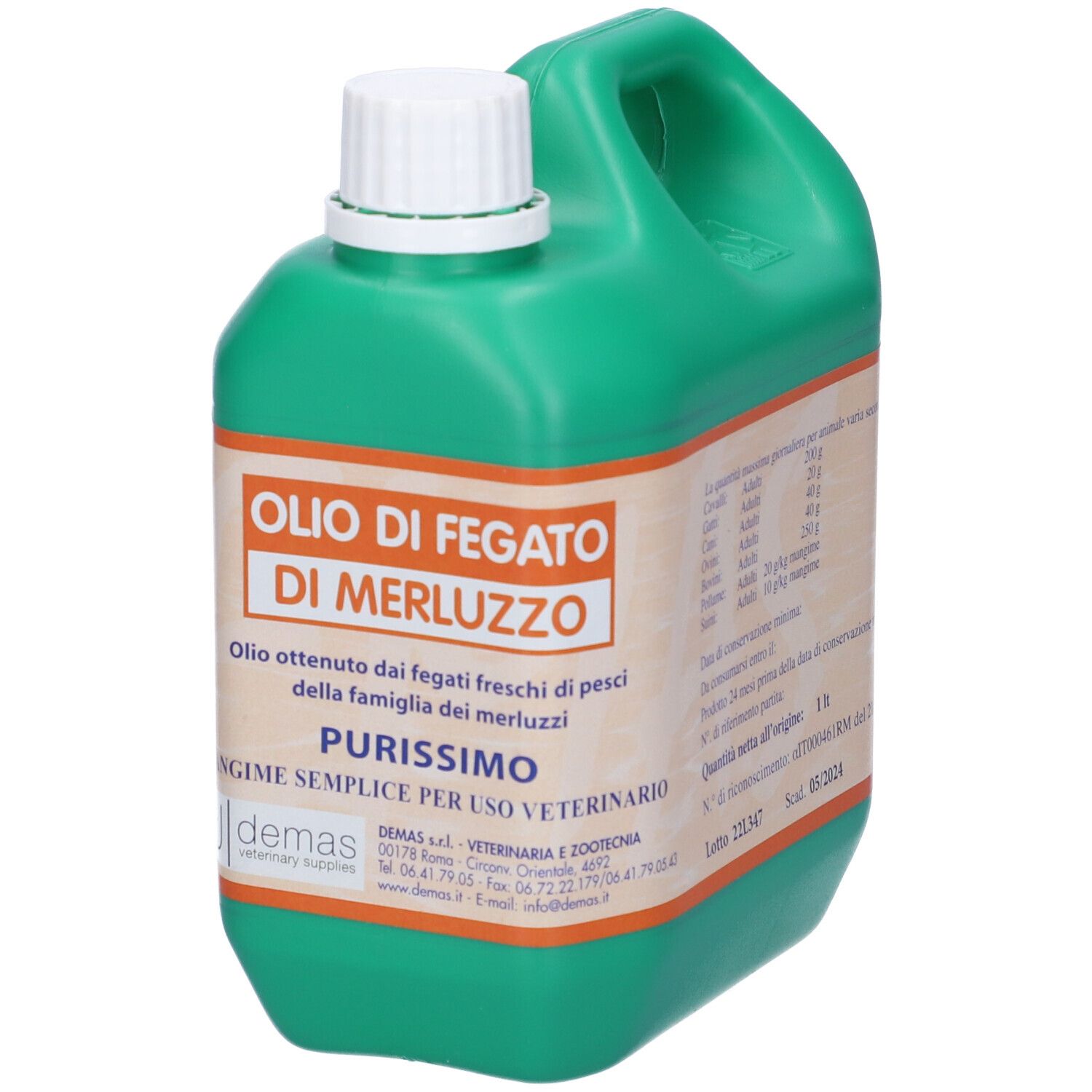 Tanica verde con tappo bianco. Scritta: Olio di Fegato di Merluzzo. Etichetta con testo. Marchio: DEMAS.