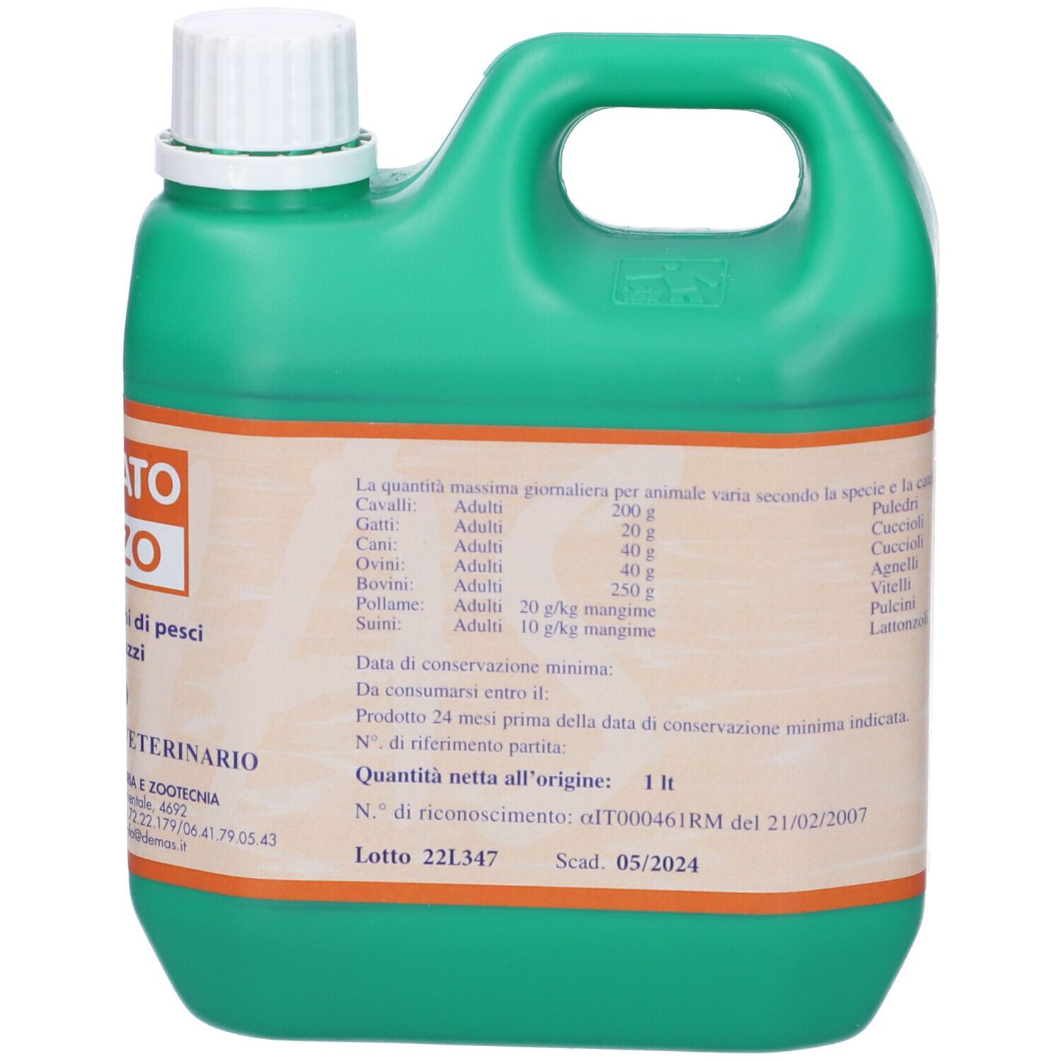 Tanica verde con tappo bianco. Etichetta con testo. Marchio: DEMAS. Retro con testo e informazioni.