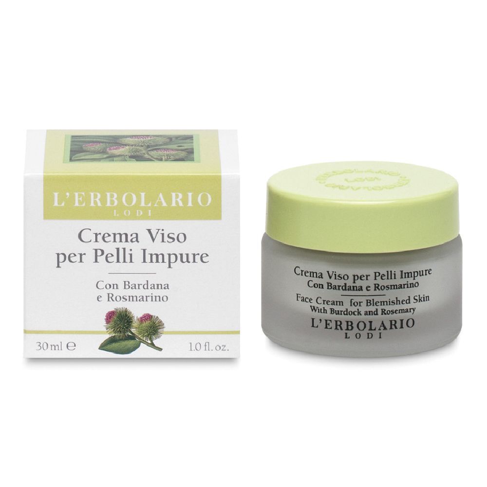 Crema Viso Pelli Impure con scatola. Vasetto in vetro e scatola con nome prodotto, ingredienti e logo.