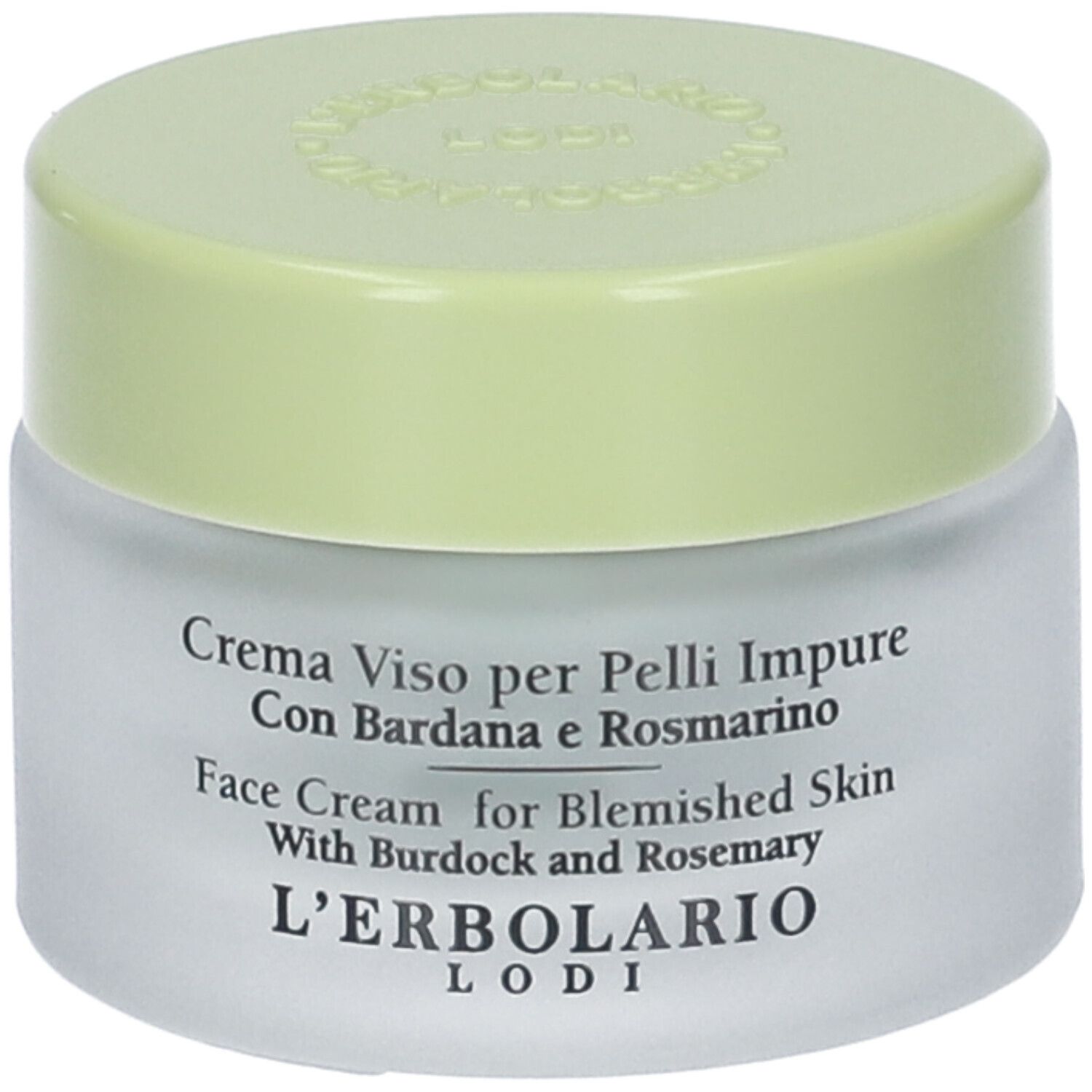 Crema Viso Pelli Impure, vasetto in vetro con coperchio verde. Testo: nome prodotto, ingredienti, L'Erbolario Lodi.