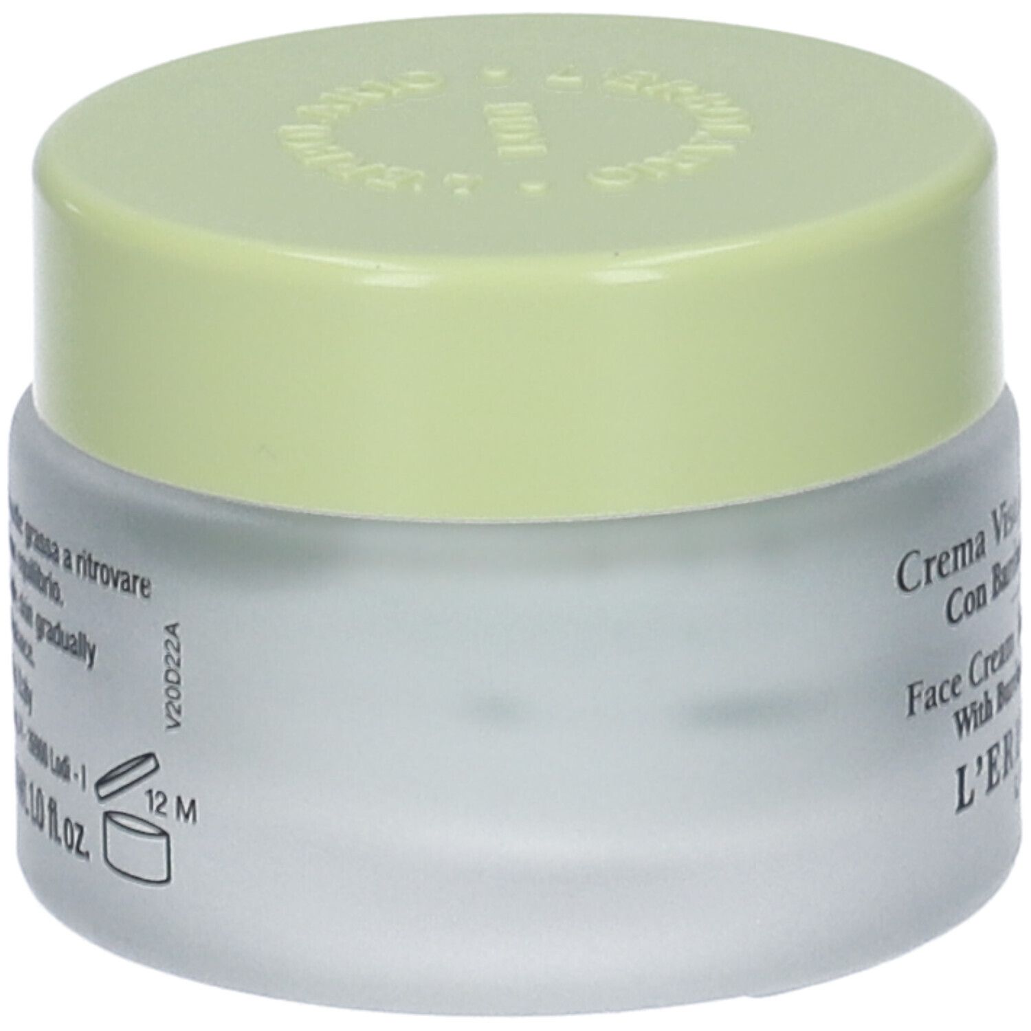 Crema Viso Pelli Impure, vasetto in vetro con coperchio verde. Testo: nome prodotto, ingredienti, L'Erbolario Lodi.