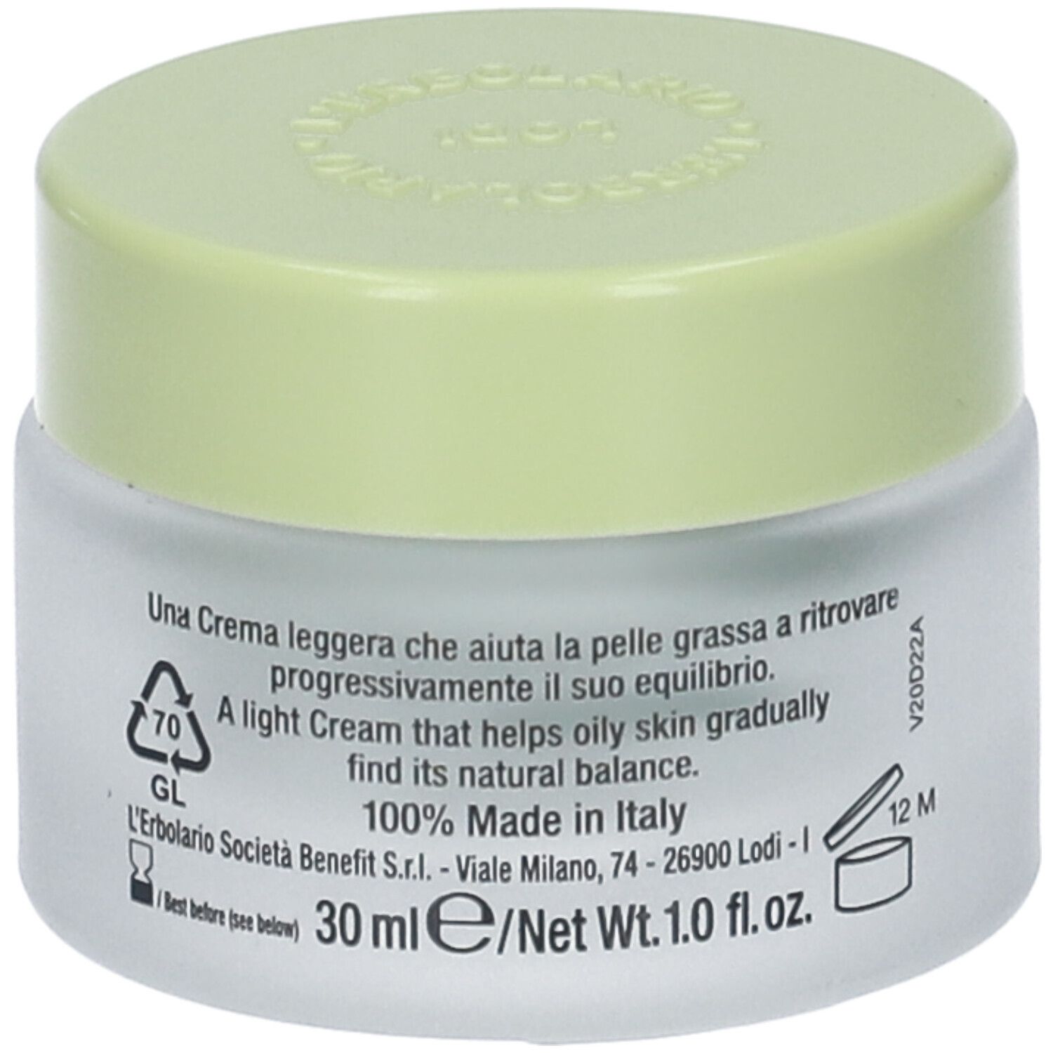 Crema Viso Pelli Impure, vasetto in vetro con coperchio verde. Testo: nome prodotto, ingredienti, L'Erbolario Lodi.