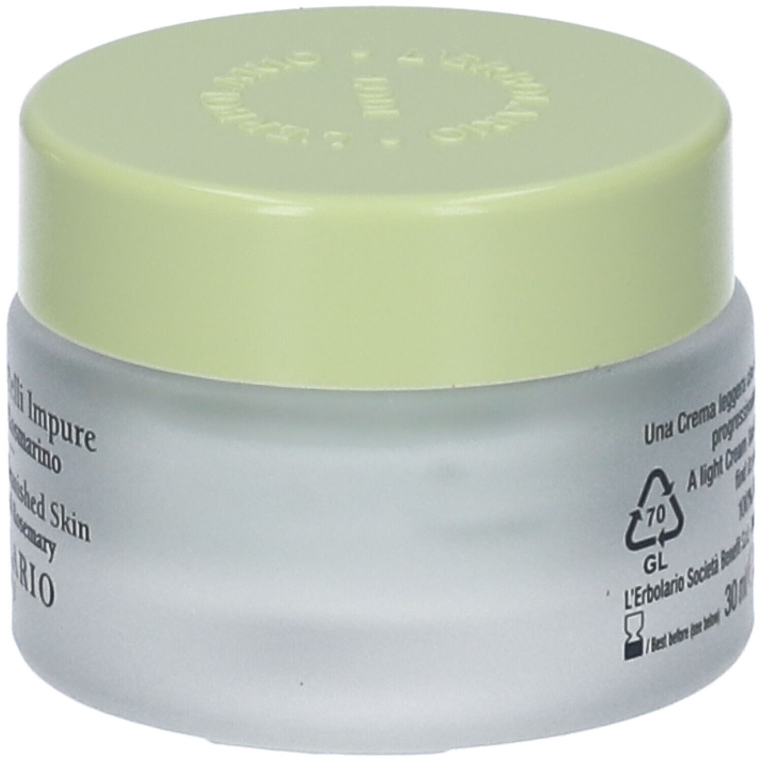 Crema Viso Pelli Impure, vasetto in vetro con coperchio verde. Testo: nome prodotto, ingredienti, L'Erbolario Lodi.