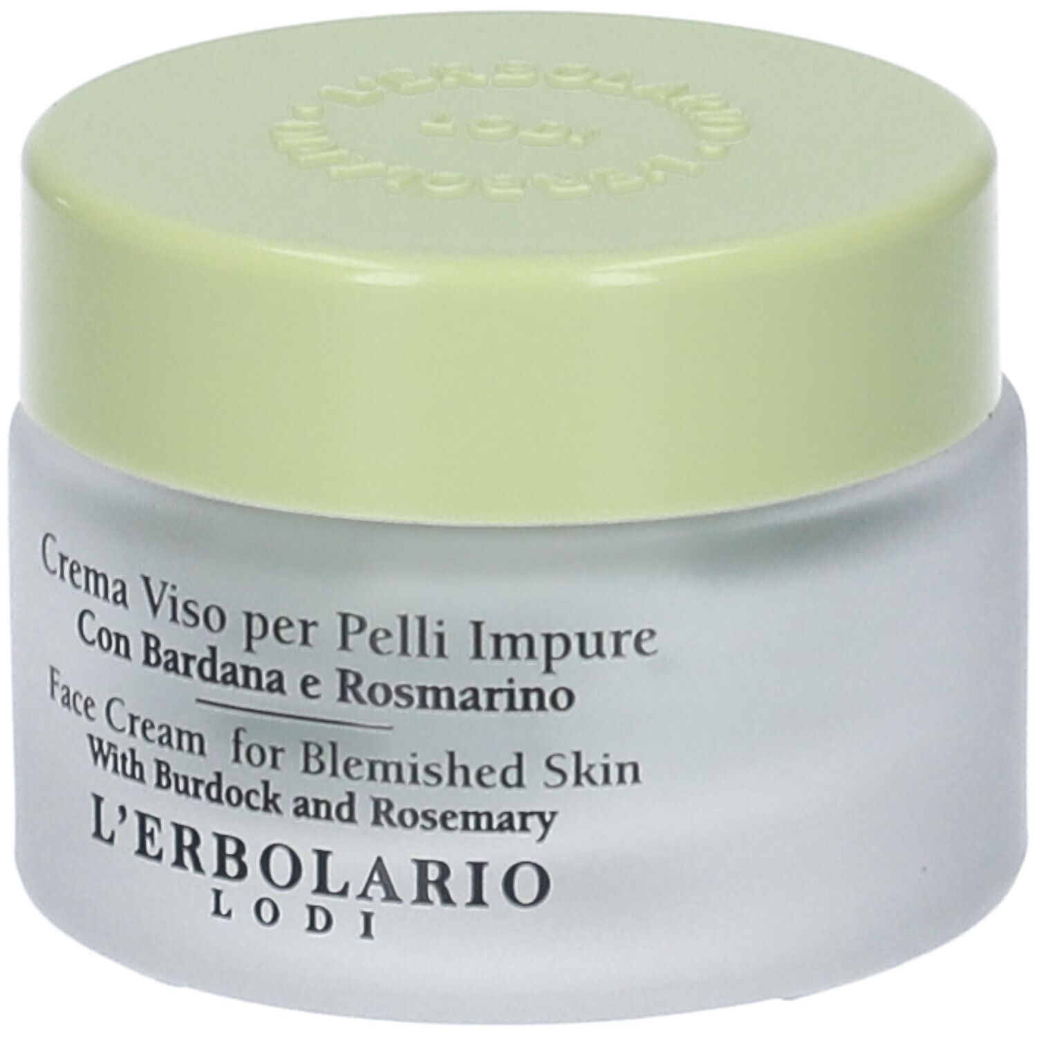 Crema Viso Pelli Impure, vasetto in vetro con coperchio verde. Testo: nome prodotto, ingredienti, L'Erbolario Lodi.